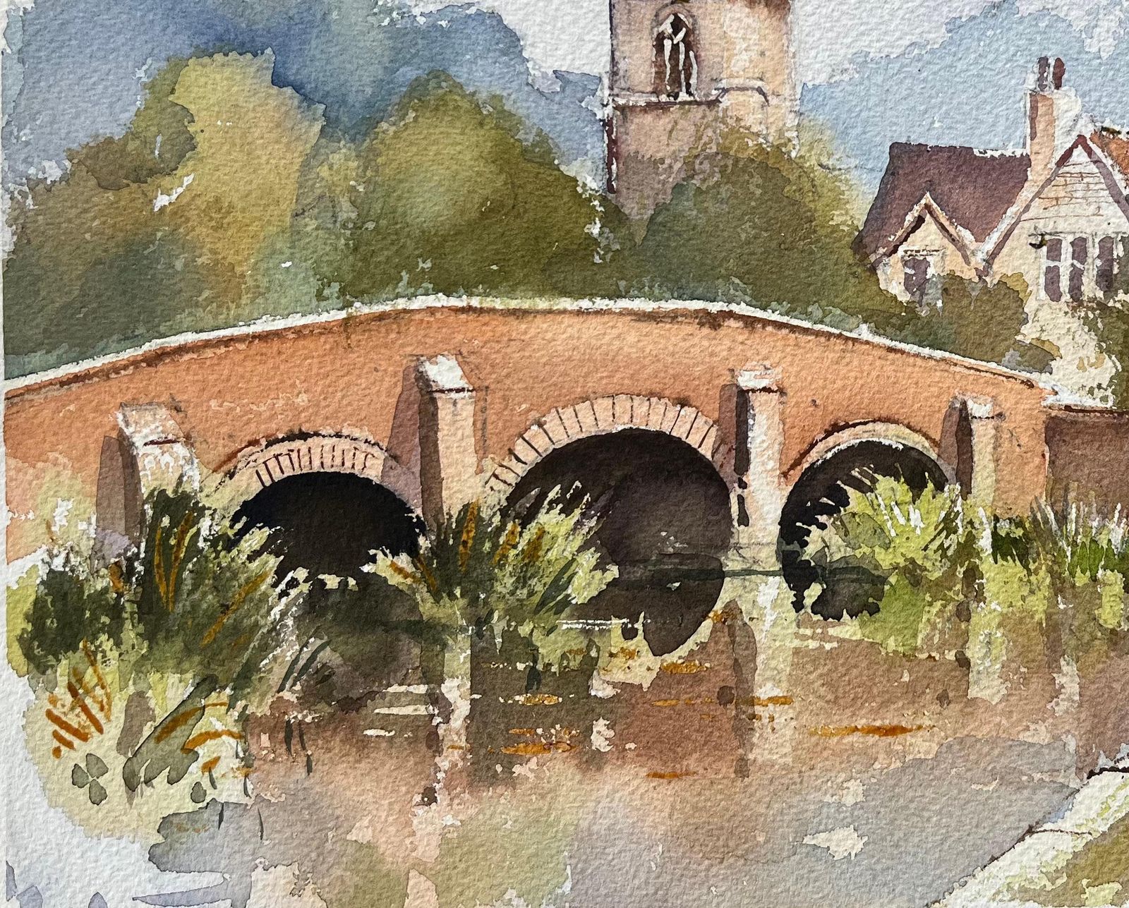 Anthony Avery British Watercolor Landscape With Church, Bridge, And Village Scene photo 495.0
