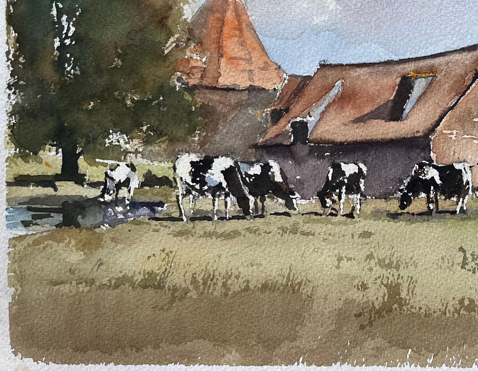 Anthony Avery British Impressionist Watercolor Of A Rural Farmstead With Grazing Cows photo for sale