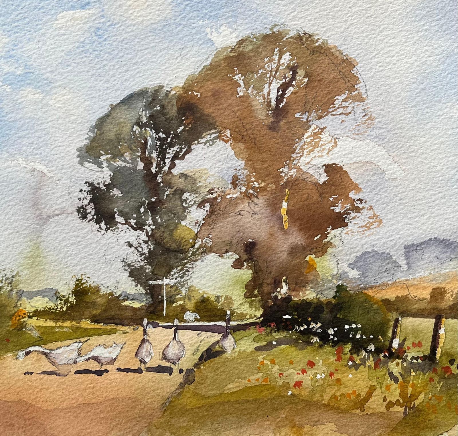 Anthony Avery British Impressionist Watercolor Of Geese Crossing A Quiet Country Lane photo 375.0