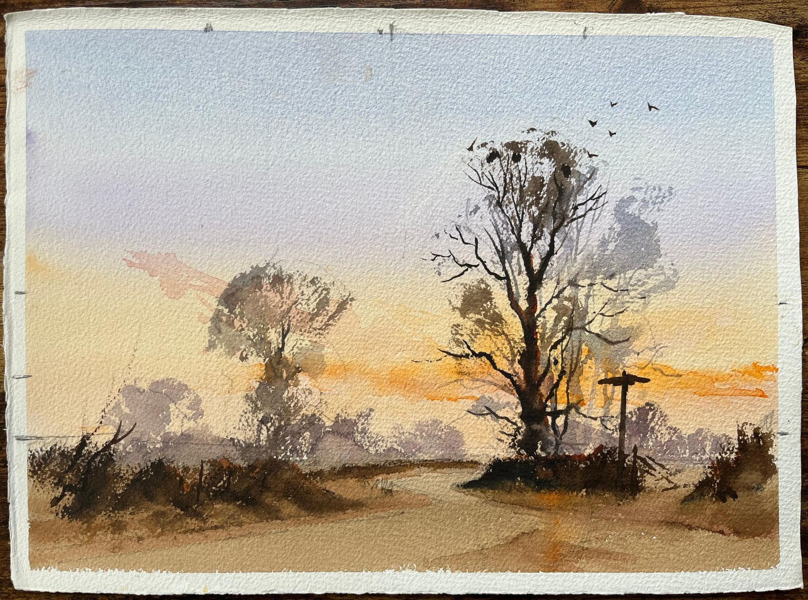 Anthony Avery British Watercolor Landscape With Tree Silhouettes At Sunset photo furniture