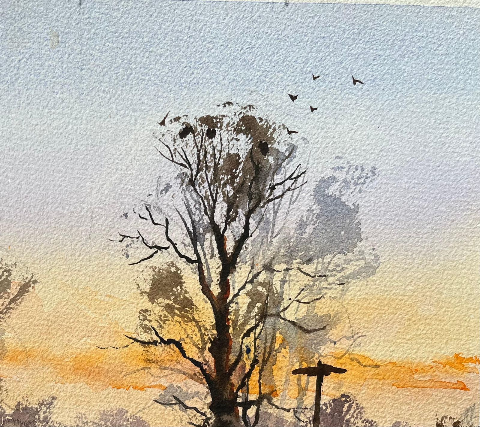 Anthony Avery British Watercolor Landscape With Tree Silhouettes At Sunset photo Art
