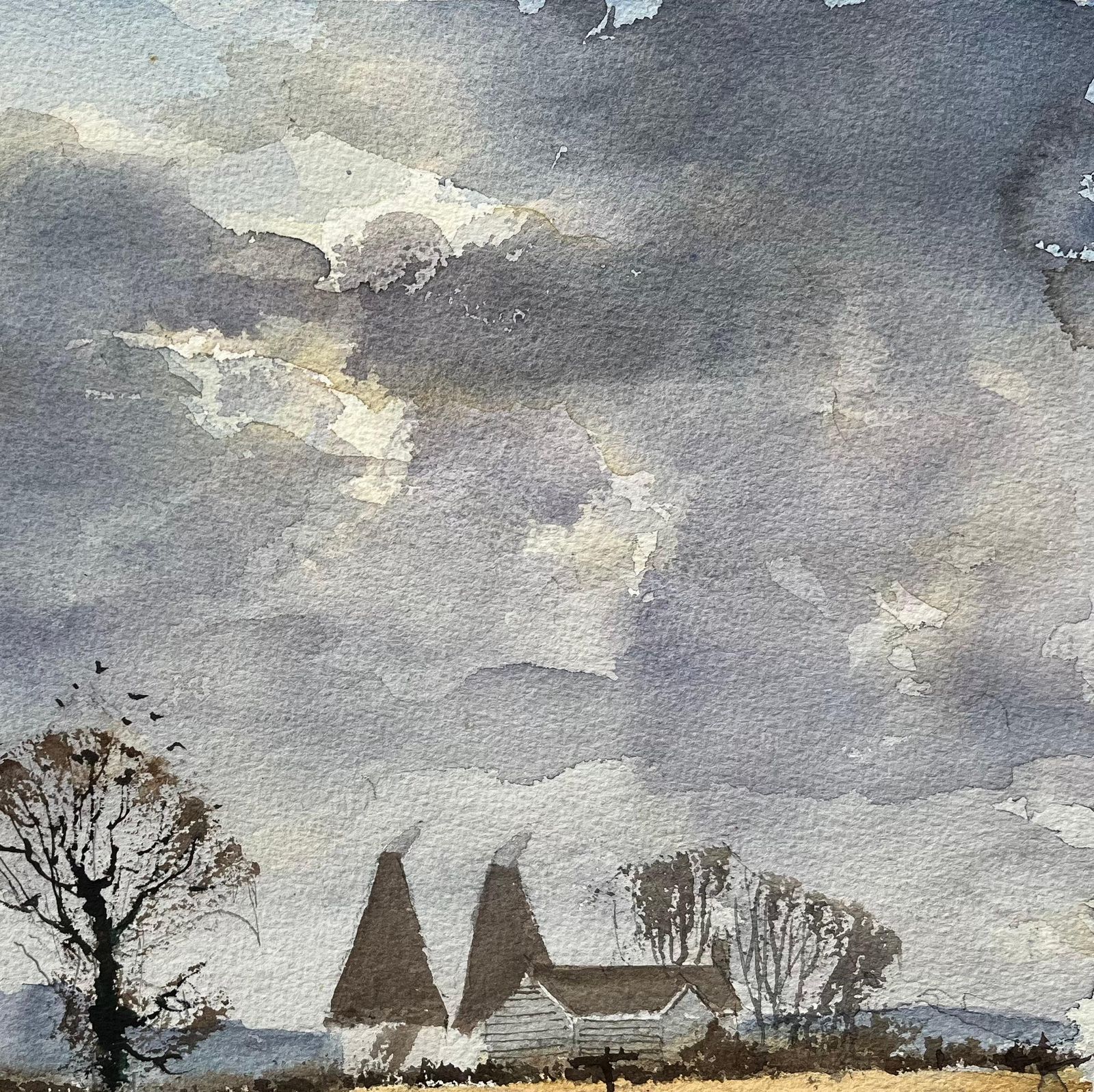 Anthony Avery British Watercolor Landscape With Oast Houses And Moody Sky photo vinterior