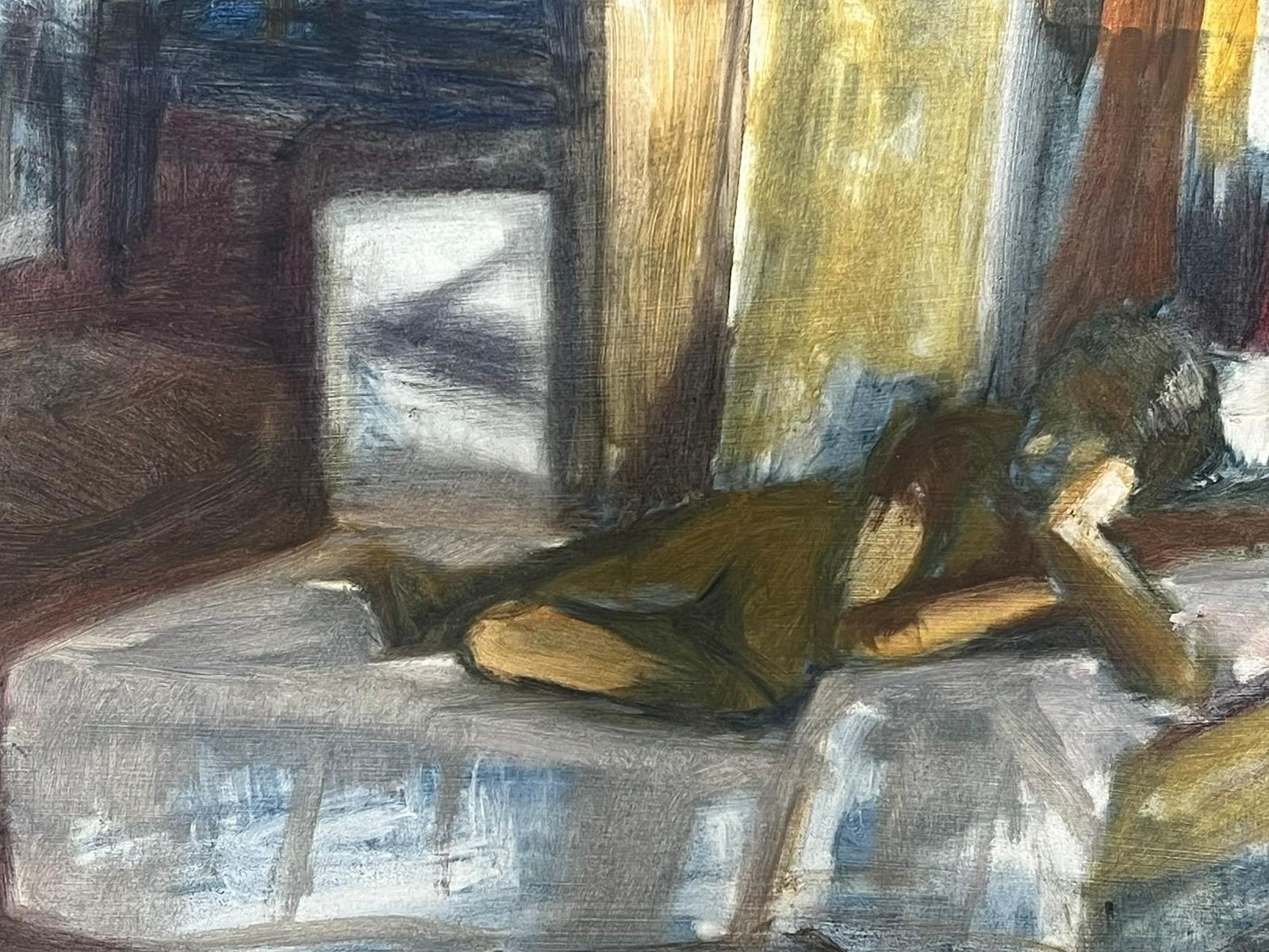 Helen Greenfield Nude Figure In A Dimly Lit Interior Resting On A Bed With Sunlight Filtering photo for sale