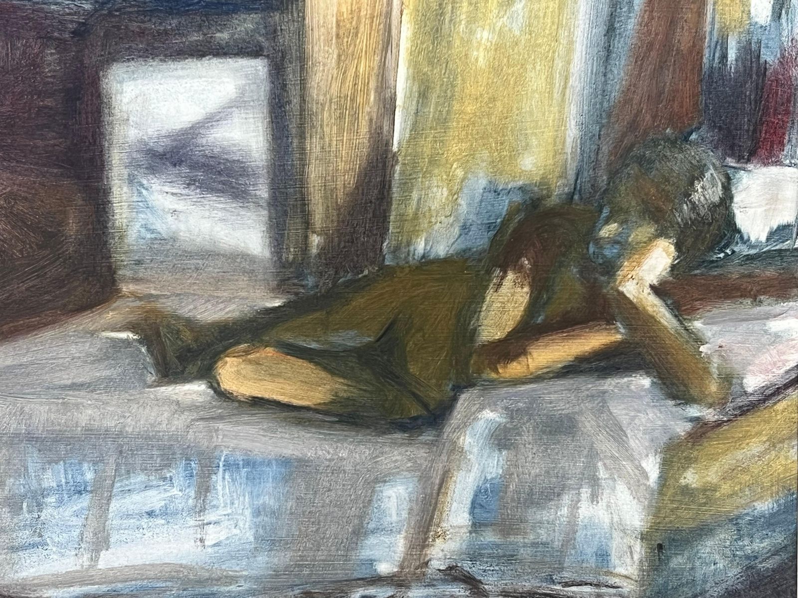 Helen Greenfield Nude Figure In A Dimly Lit Interior Resting On A Bed With Sunlight Filtering photo Art