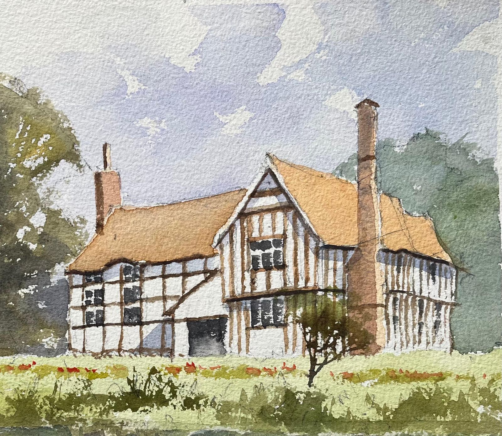 Anthony Avery British Impressionist Watercolor Of A Tudor Style House Reflected In A Lake photo Art
