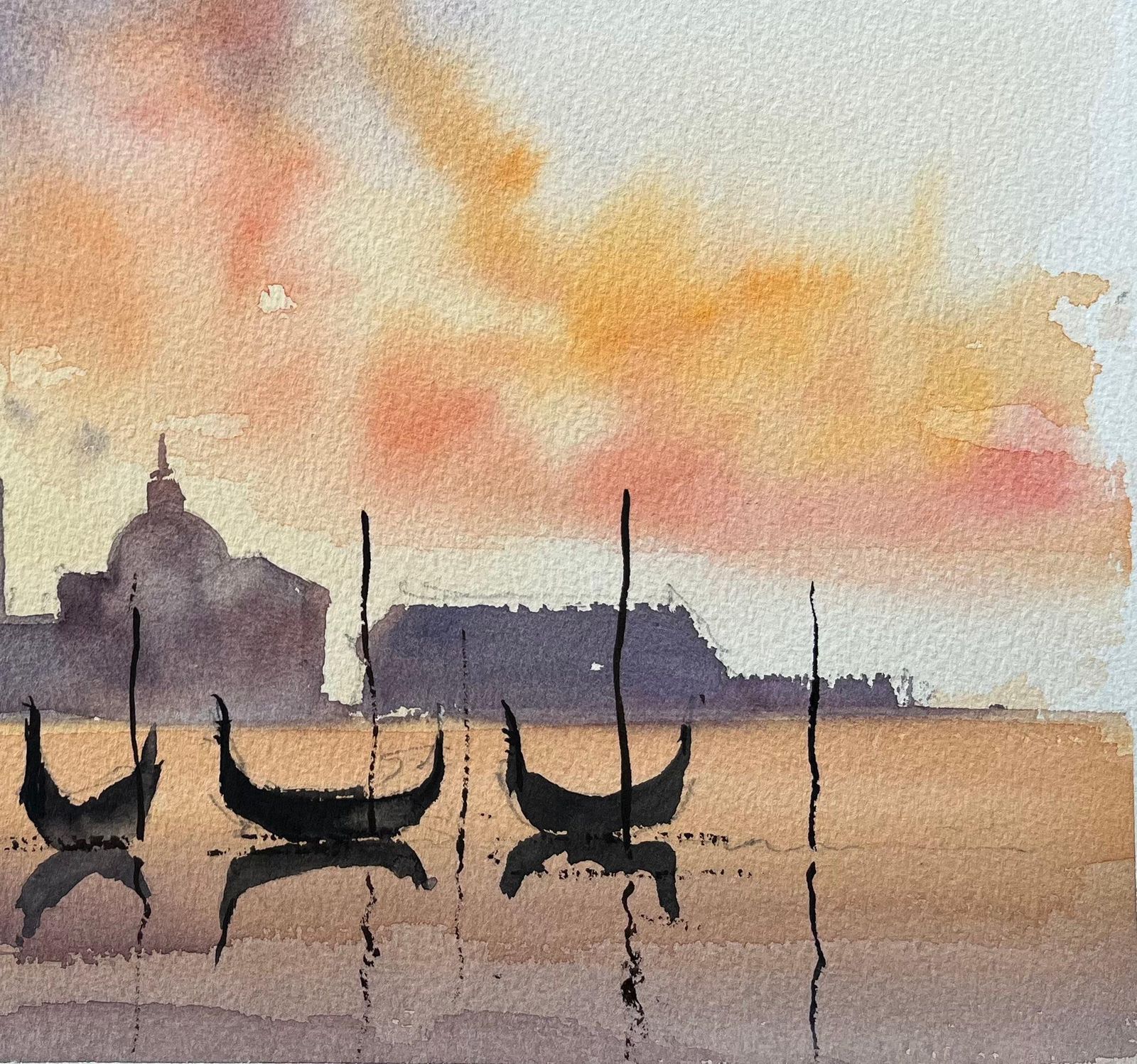Anthony Avery British Watercolor Of Gondolas At Sunset With A Silhouetted Skyline photo 495.0