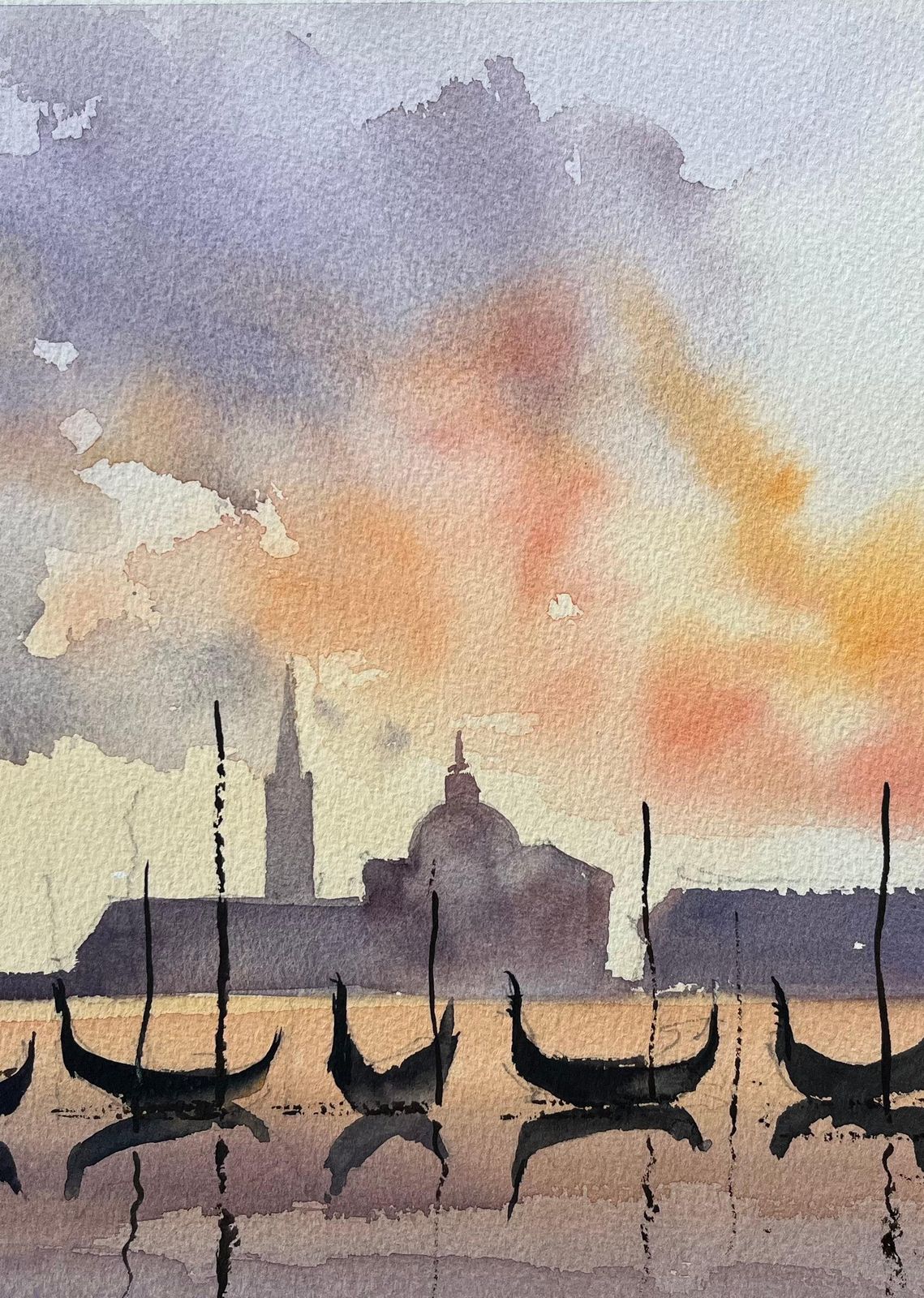 Anthony Avery British Watercolor Of Gondolas At Sunset With A Silhouetted Skyline photo vinterior