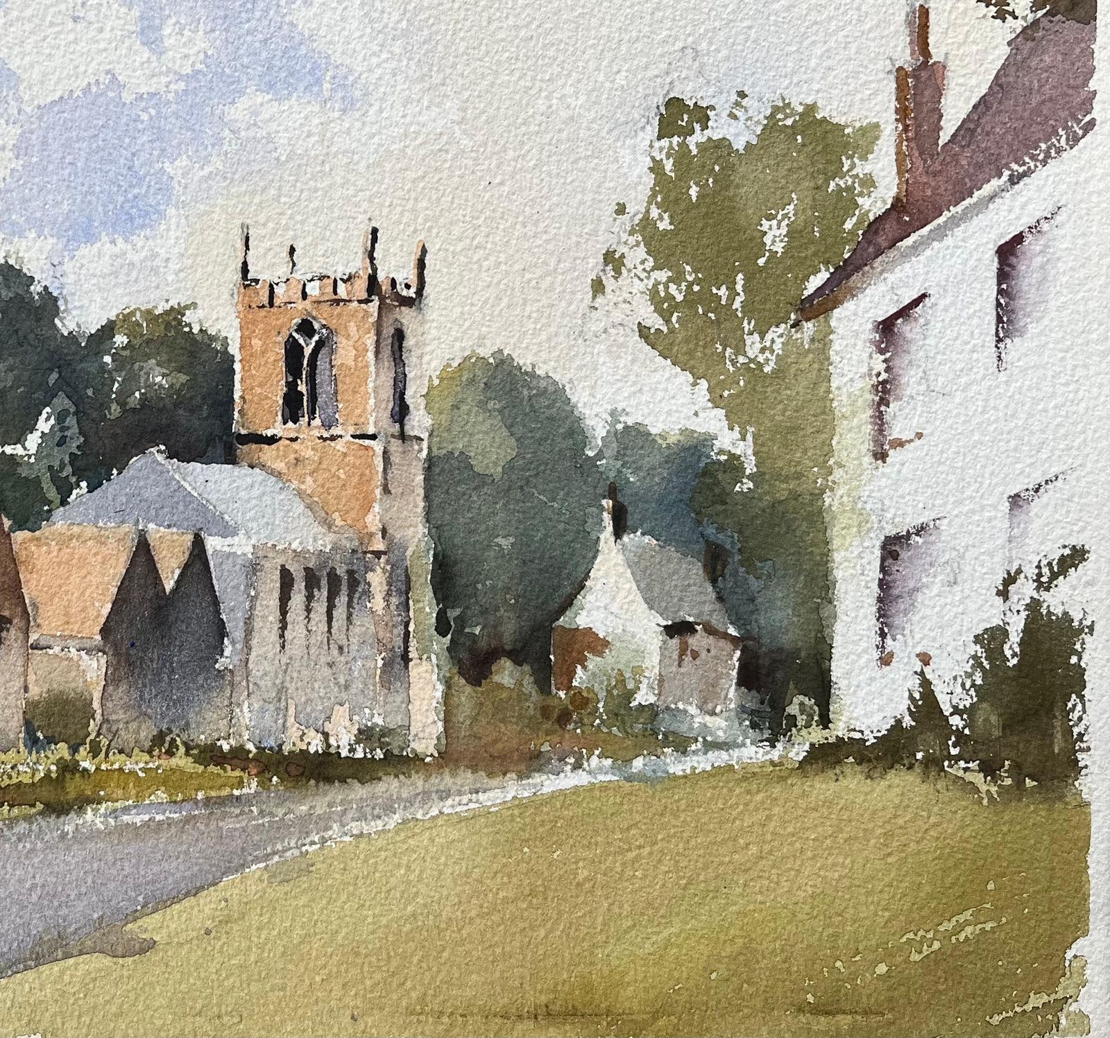 Anthony Avery British Watercolor Of A Quaint Village Scene With Church photo for sale