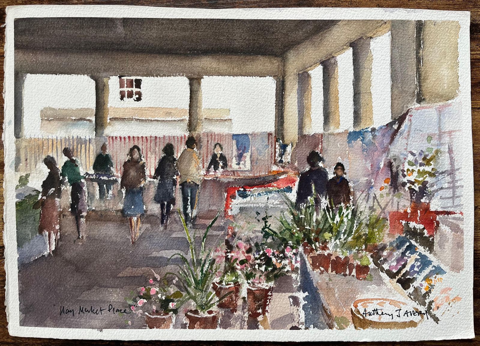 Anthony Avery British Watercolor Of A Bustling Flower Stalls At Hay Market Place photo furniture