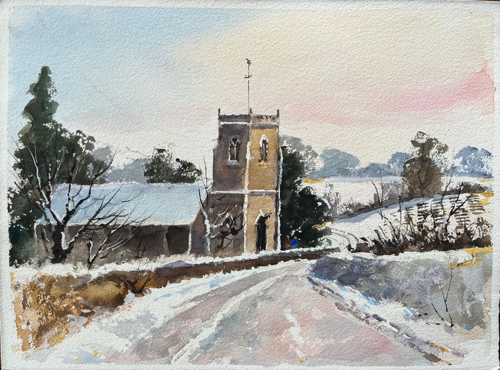 Anthony Avery British Original Watercolor Of A Snow Covered Church And Countryside