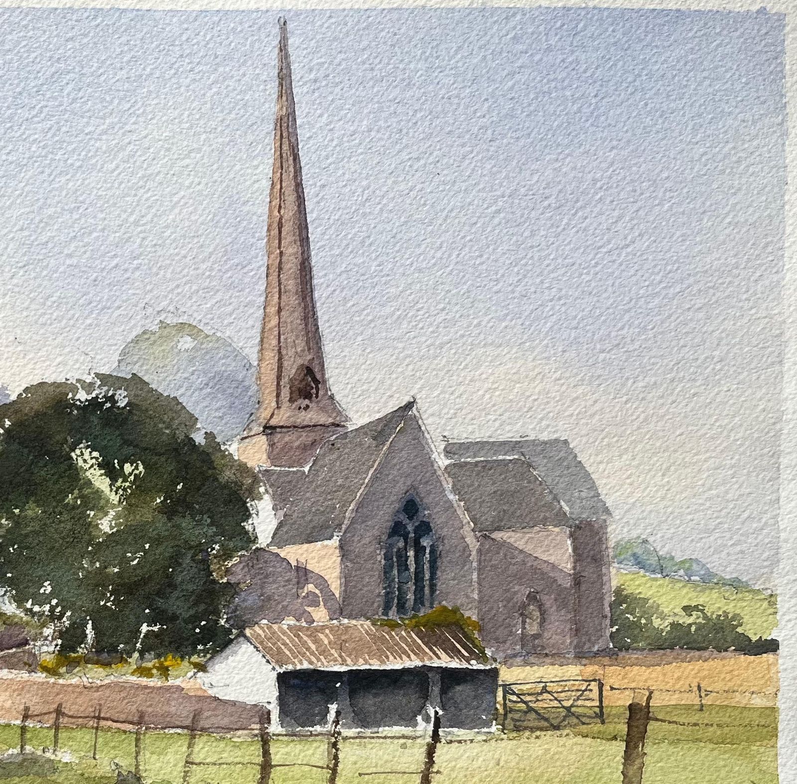 Anthony Avery British Impressionist Watercolor Of Idyllic English Countryside With Church photo for sale