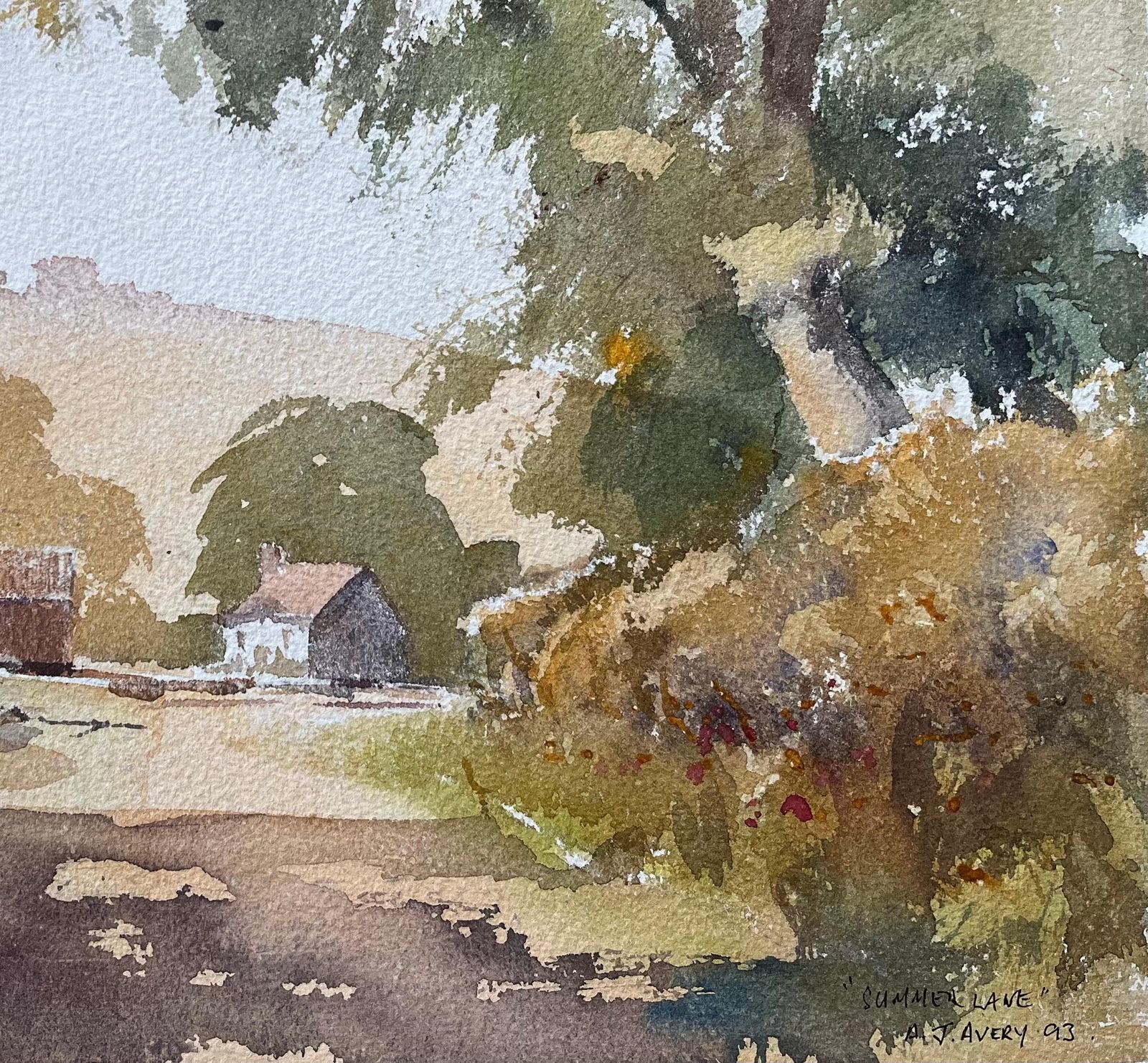 Anthony Avery British Original Watercolor Of A Country Lane In Summer Leading To Farm photo for sale