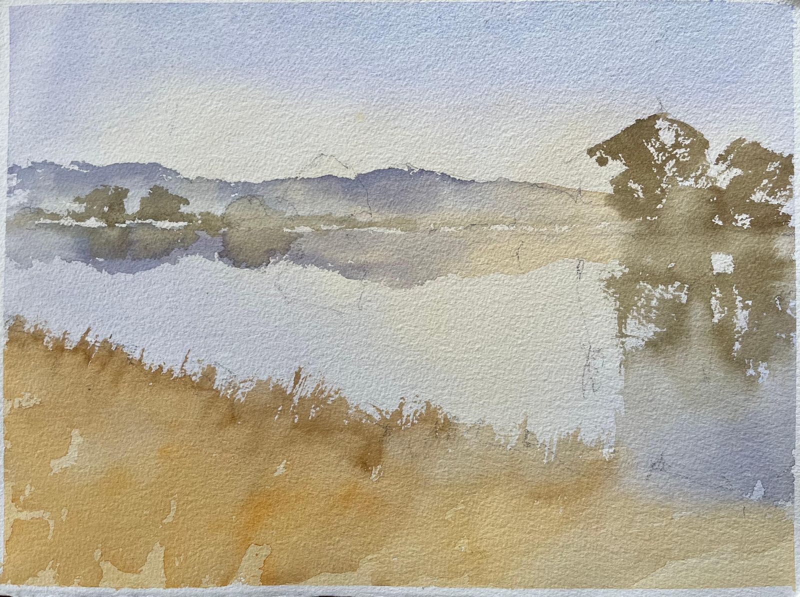 Anthony Avery British Original Watercolor Of A Misty Lakeside Landscape