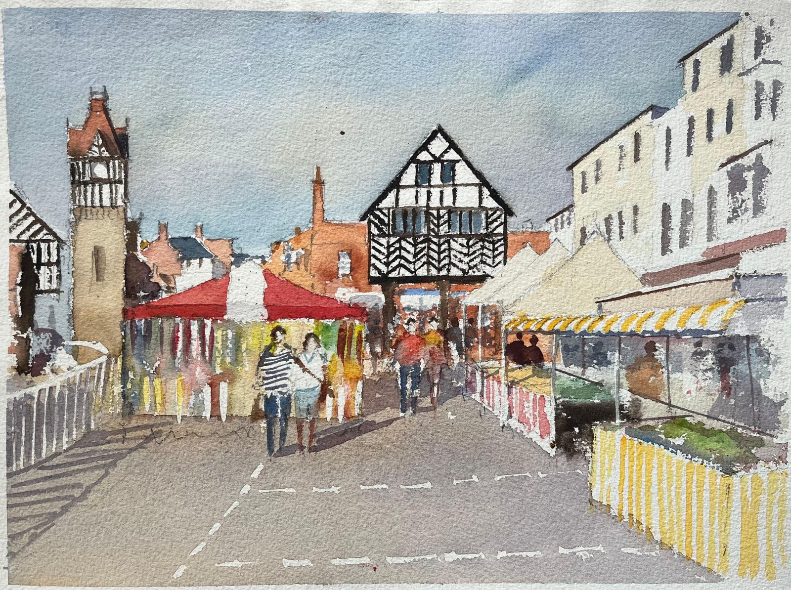 Anthony Avery British Impressionist Watercolor Of A Market Town Scene With Tudor Architecture