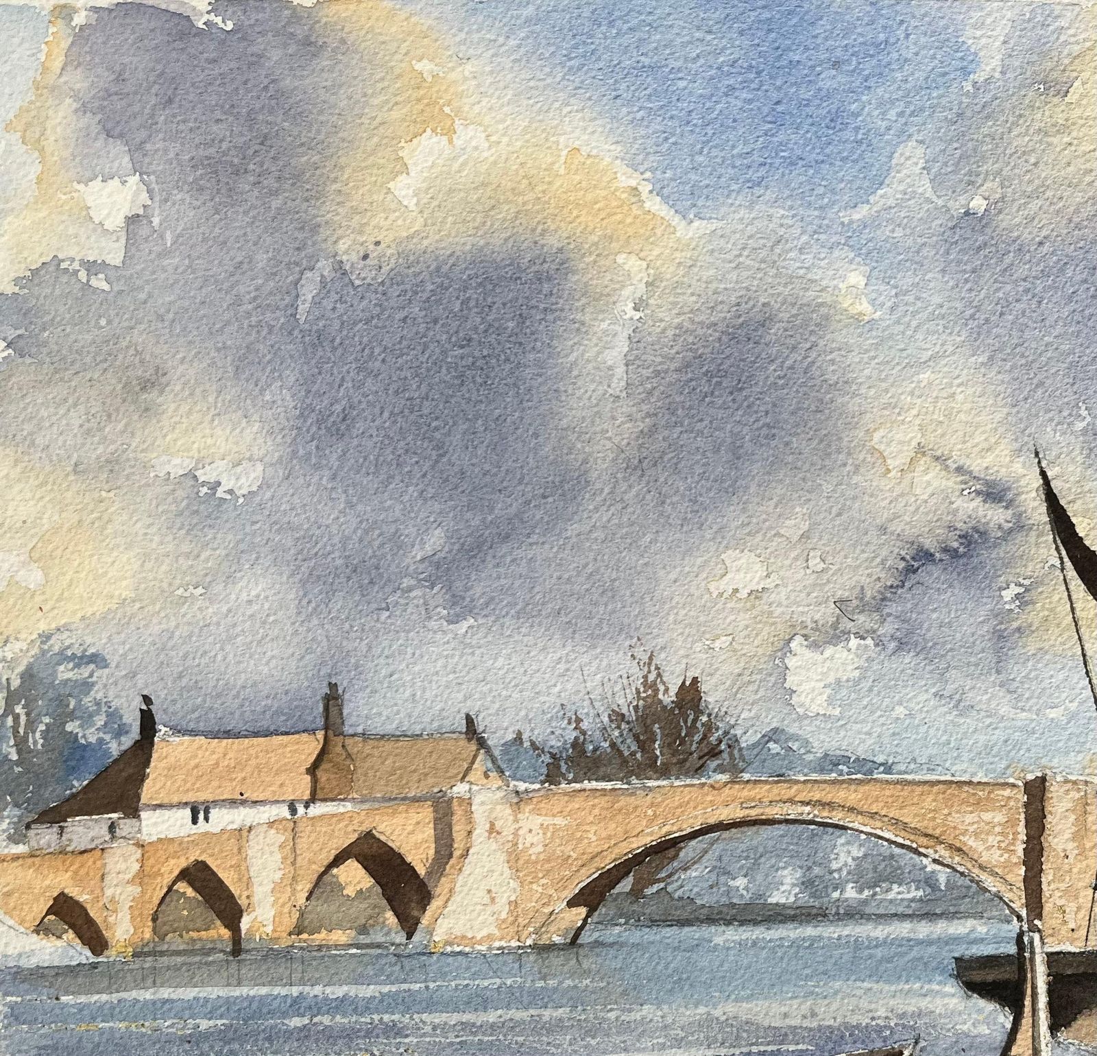 Anthony Avery British Original Watercolor Of Riverside Bridge With Boats photo vinterior