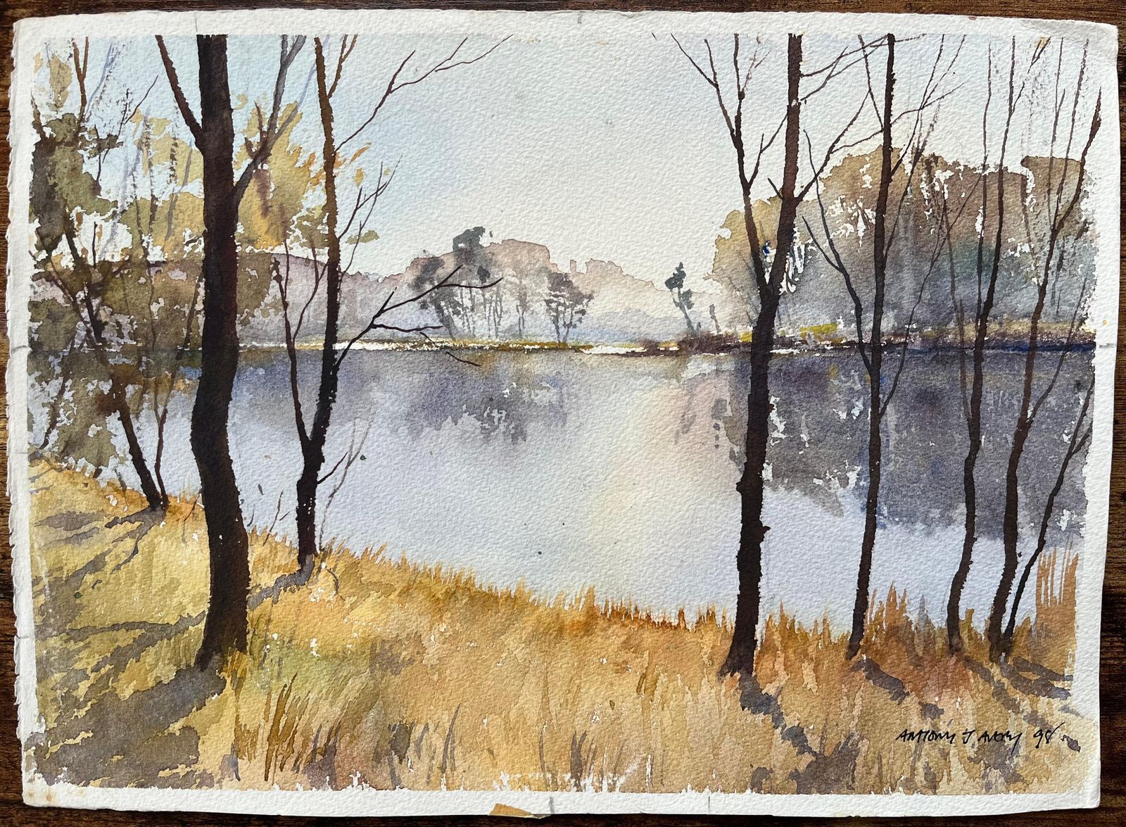 Anthony Avery British Original Watercolor Of A Serene Lake Landscape In Early Morning Light 1998 photo furniture
