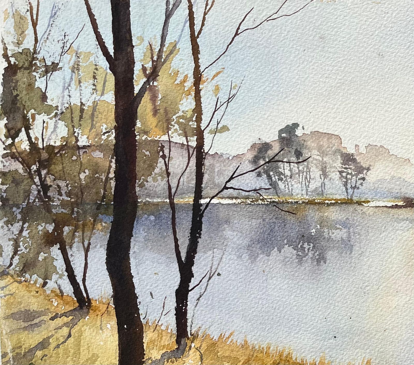 Anthony Avery British Original Watercolor Of A Serene Lake Landscape In Early Morning Light 1998 photo vinterior