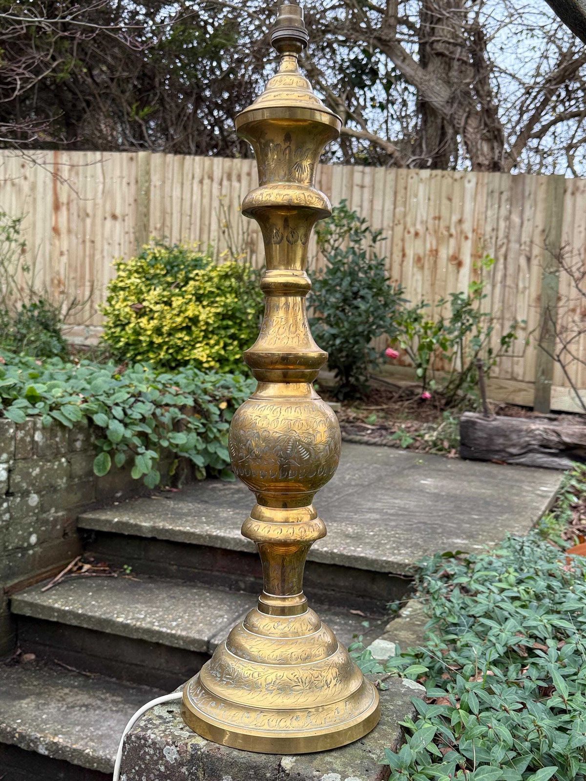 photo furniture Large Vintage Hand Engraved Solid Brass Table Lamp With Ornate Mid Century Design 61cm Tall, Pat Tested And Working