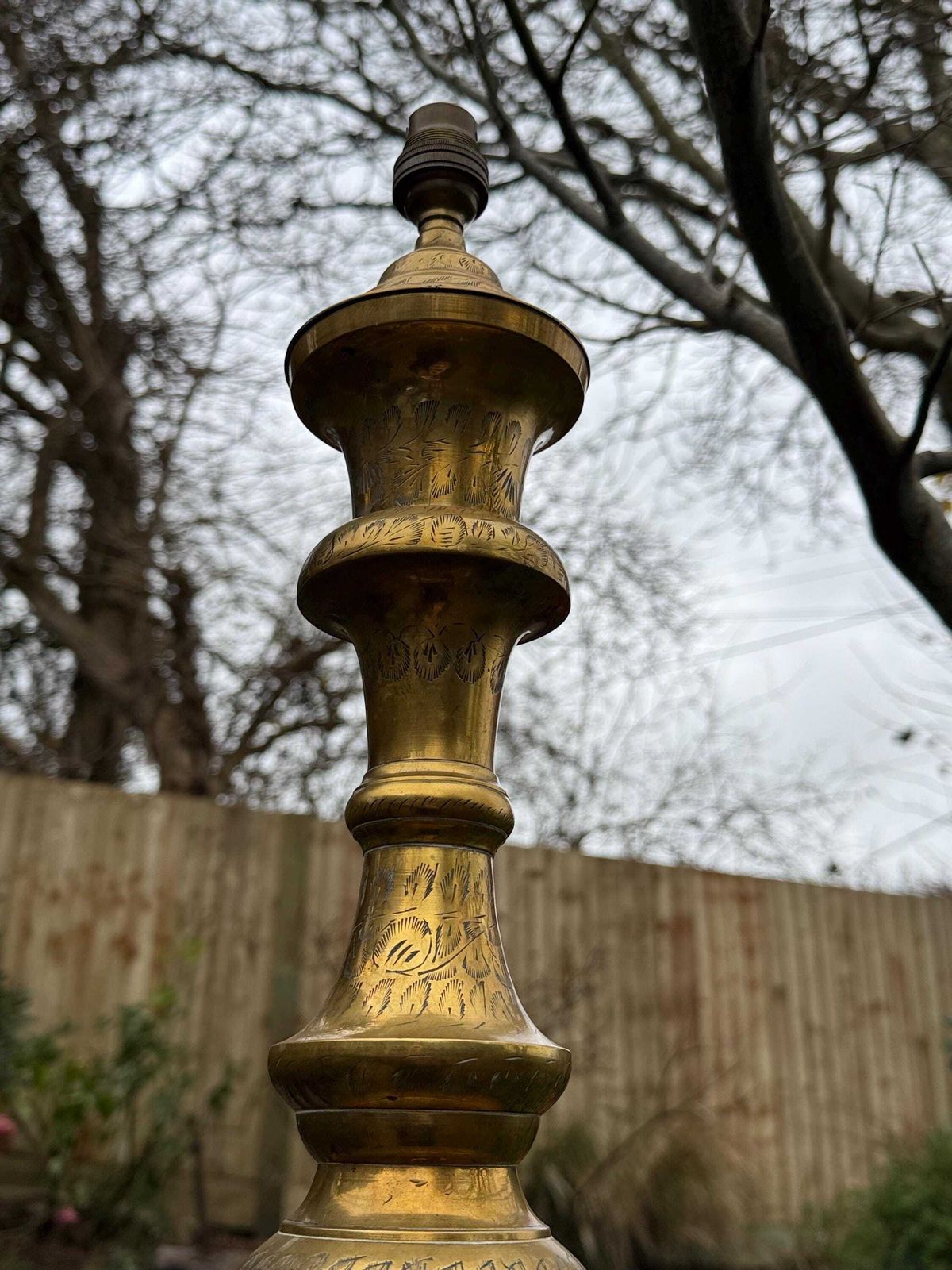 photo for sale Large Vintage Hand Engraved Solid Brass Table Lamp With Ornate Mid Century Design 61cm Tall, Pat Tested And Working