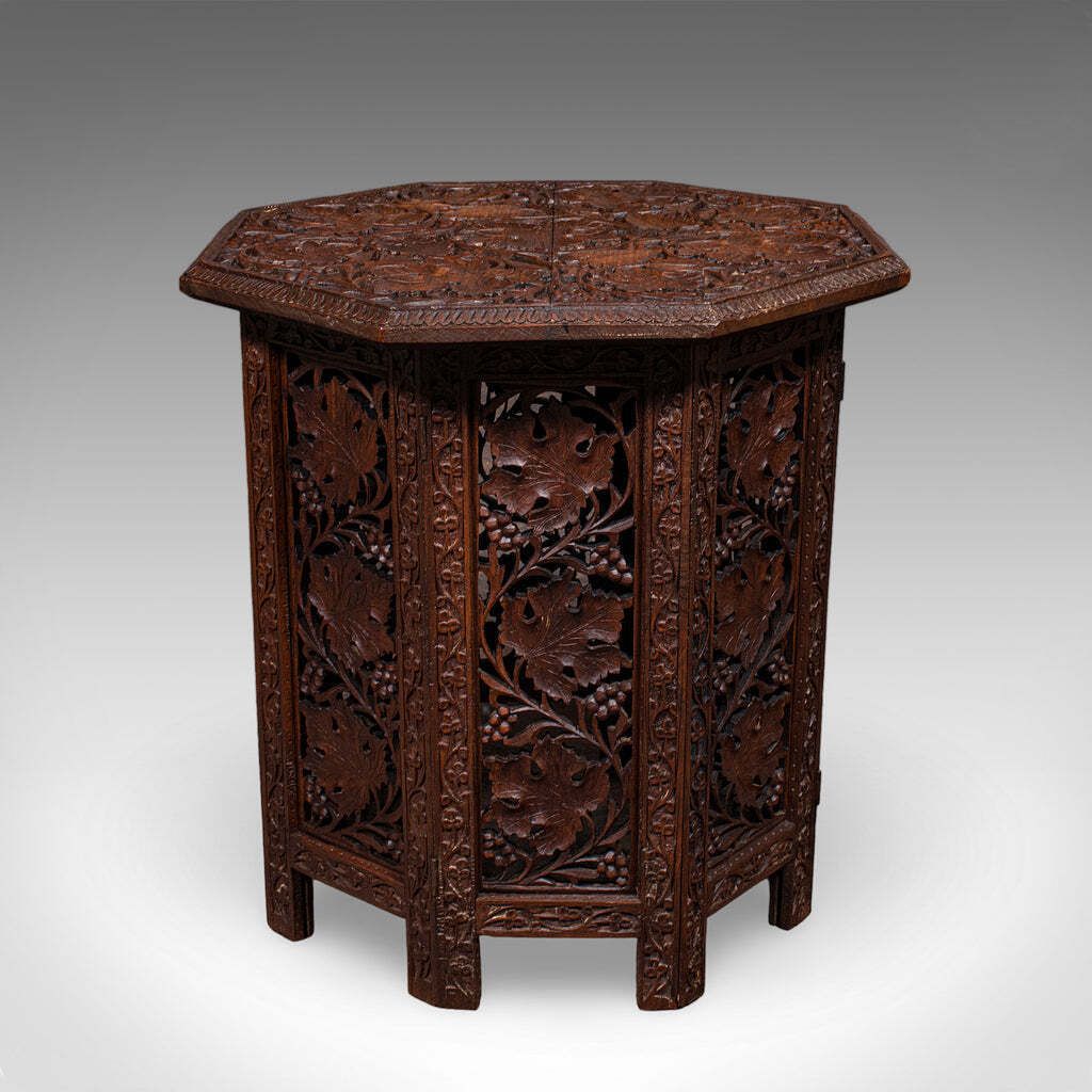 Antique Campaign Tea Table, Anglo Indian, Carved, Lamp, Side, Victorian, C.1900 photo Furniture