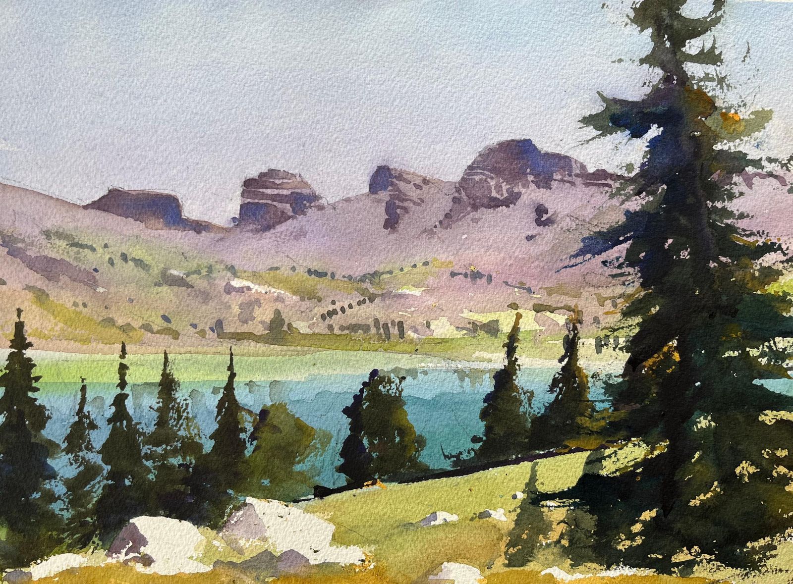 Anthony Avery British Impressionist Watercolor Of A Mountainous Landscape Pine Trees And Lake