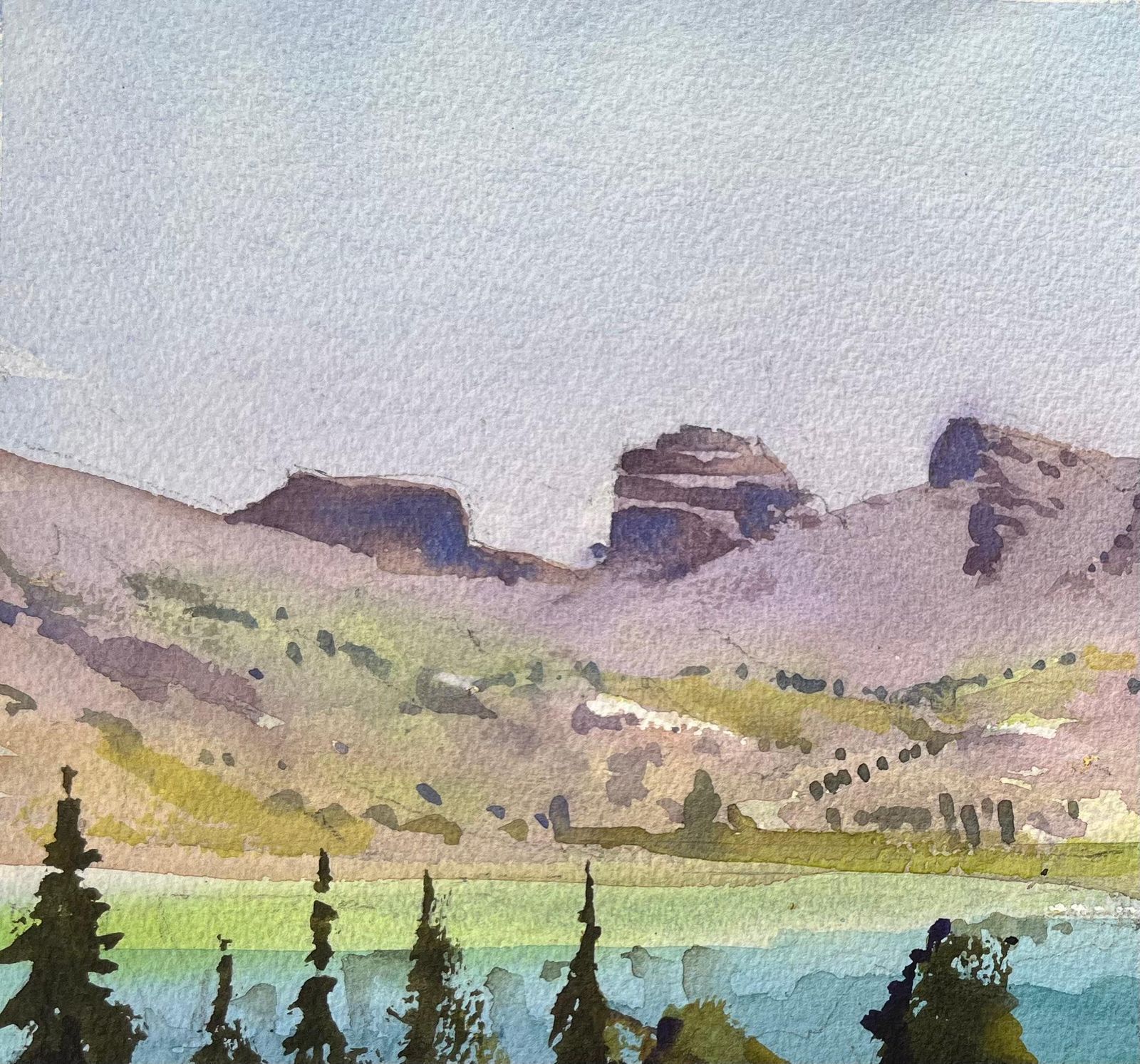 Anthony Avery British Impressionist Watercolor Of A Mountainous Landscape Pine Trees And Lake photo Art