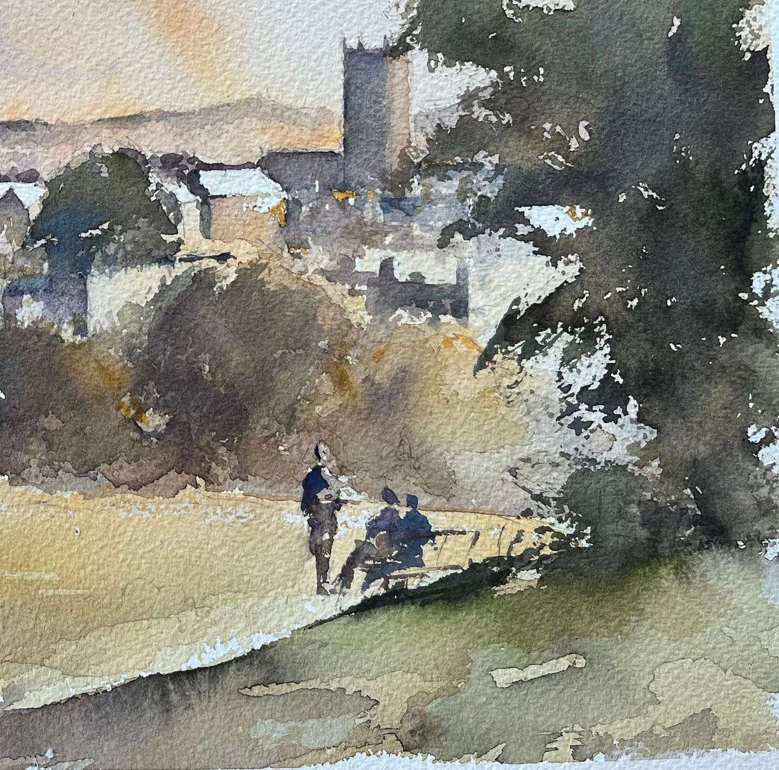 Anthony Avery British Impressionist Watercolor Of Church And Village View With Figures Talking photo 350.0