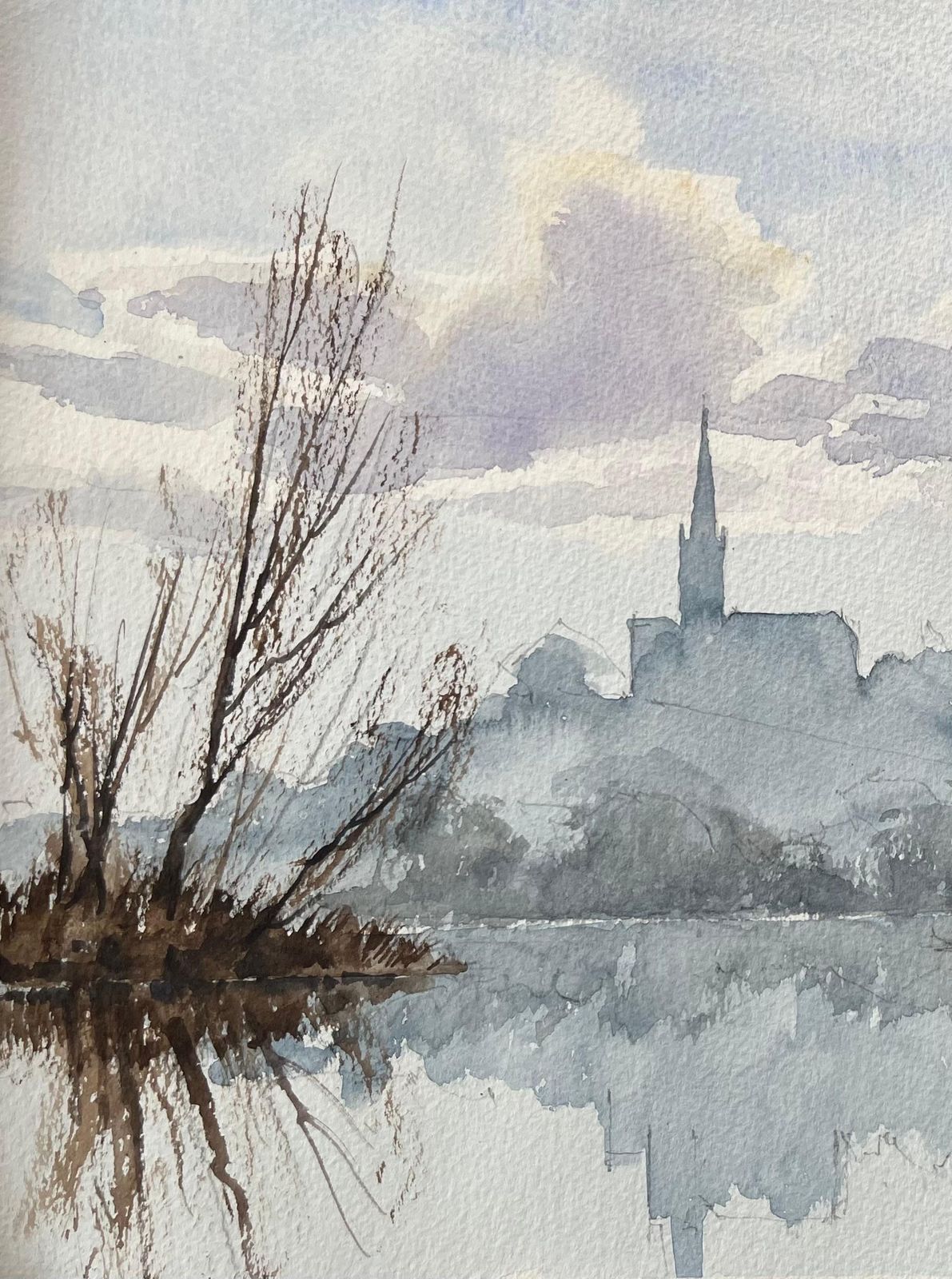 Anthony Avery British Impressionist Watercolor Of A Church Silhouette Over Misty Reflections photo 375.0