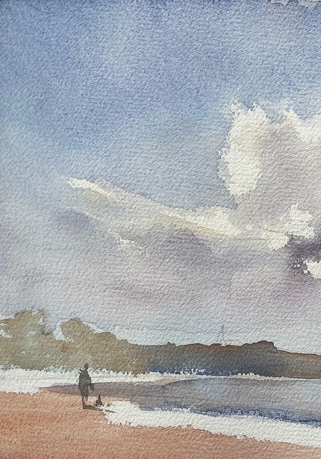 Anthony Avery British Impressionist Watercolor Of Beach Scene With Dramatic Sky And Walker photo 338.0