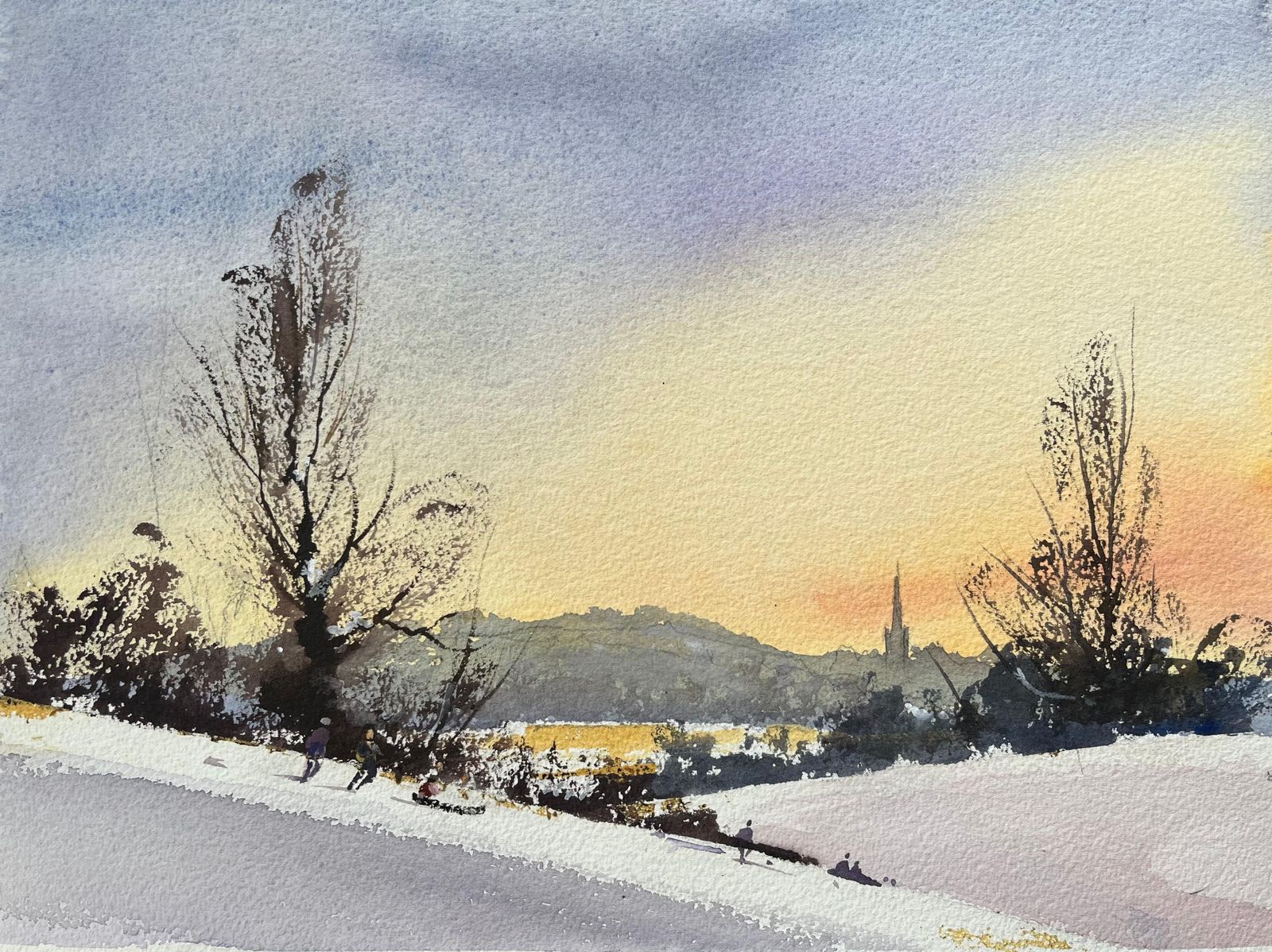 Anthony Avery British Impressionist Watercolor Of Winter Sunset Over Sledging Figures