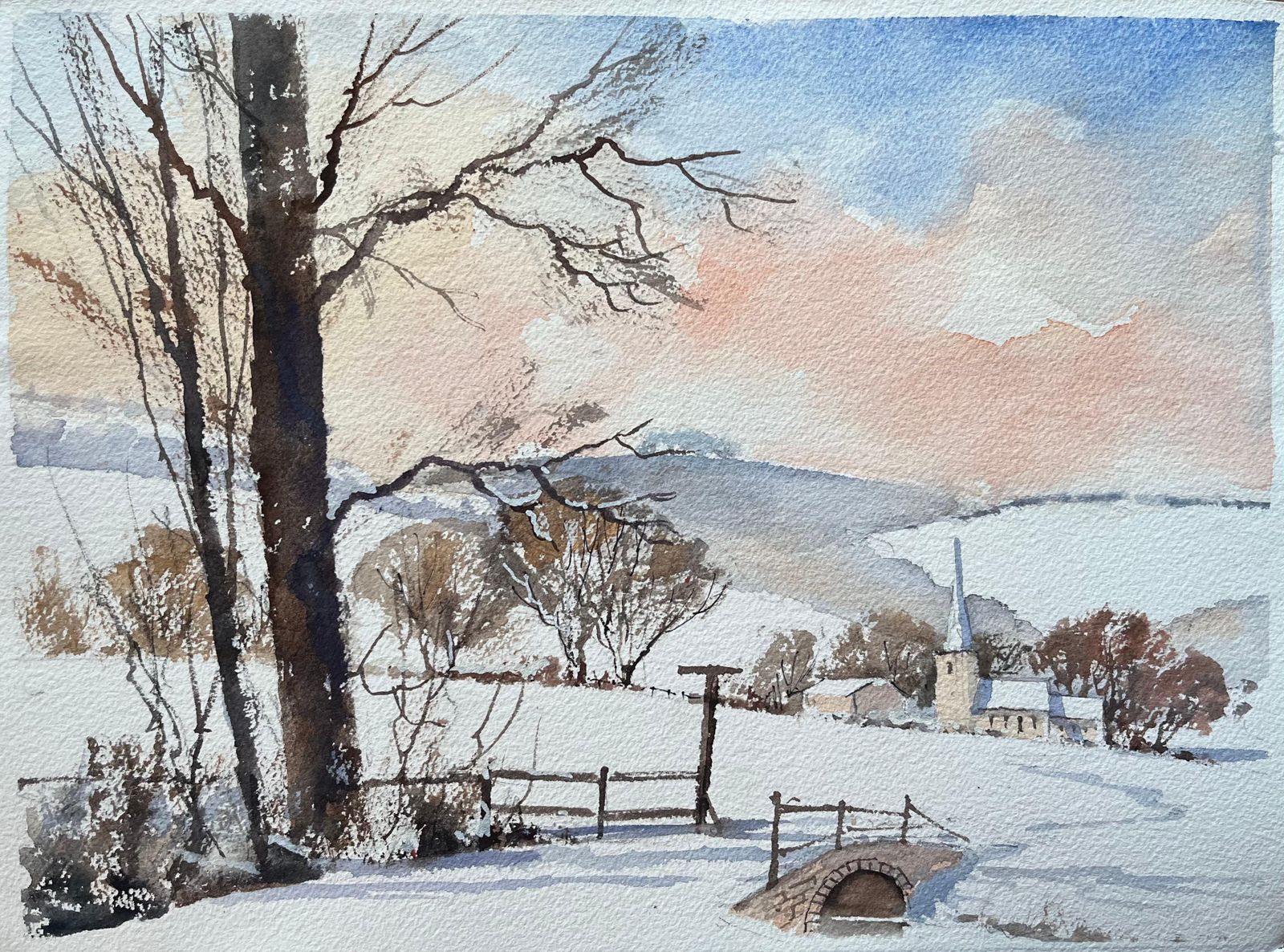 Anthony Avery British Impressionist Watercolor Of A Snowy Countryside Church Scene