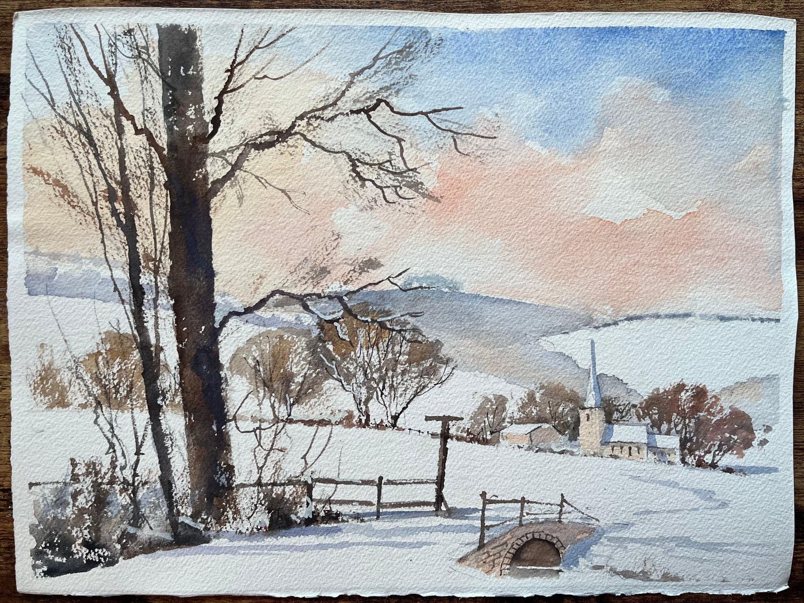 Anthony Avery British Impressionist Watercolor Of A Snowy Countryside Church Scene photo furniture