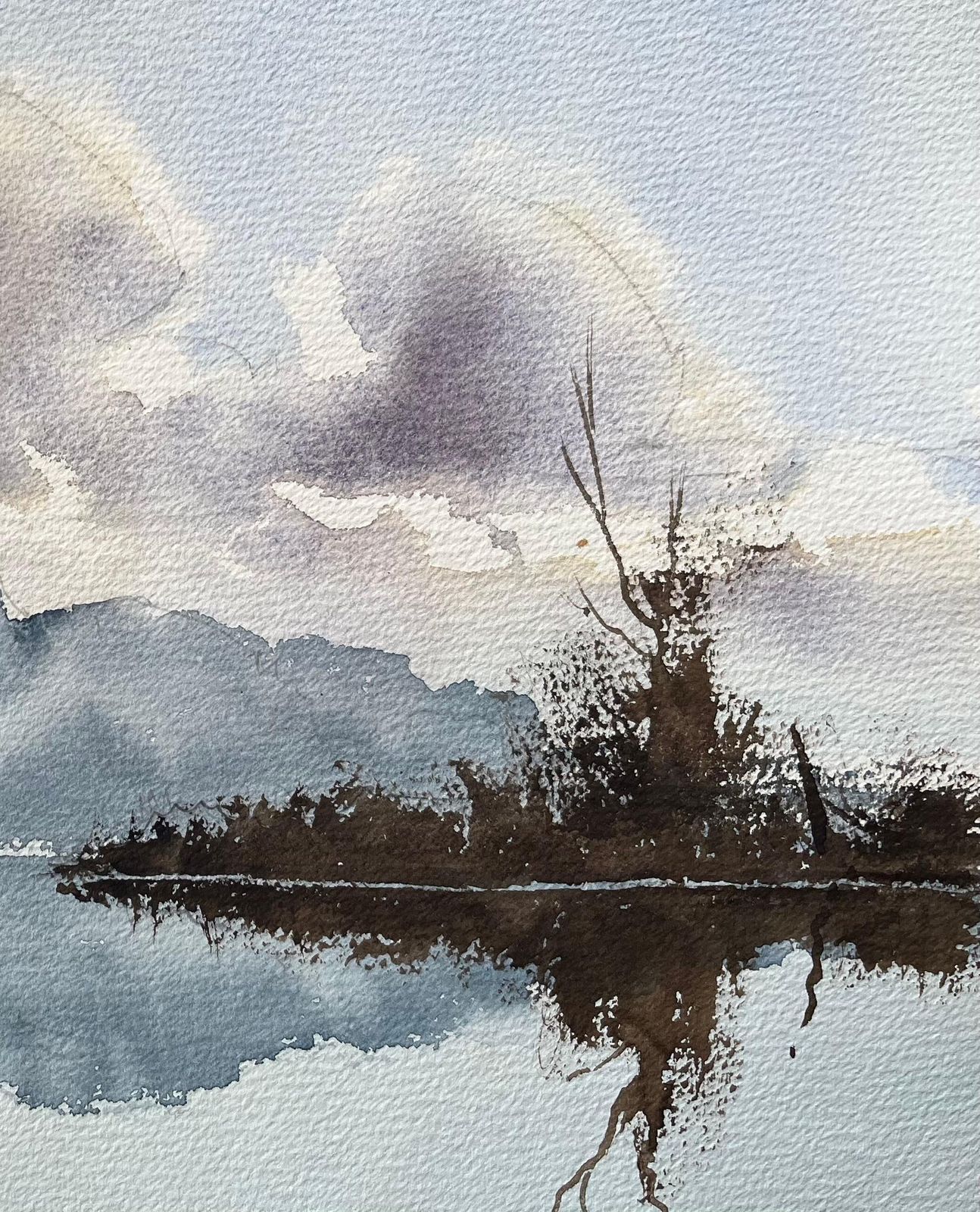 Anthony Avery British Impressionist Watercolor Of Misty Reflection With Spire Silhouette photo for sale
