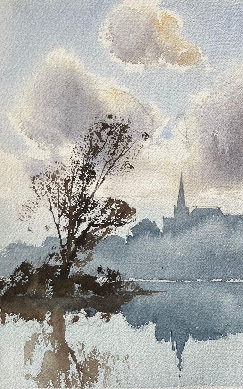 Anthony Avery British Impressionist Watercolor Of Misty Reflection With Spire Silhouette photo 360.0