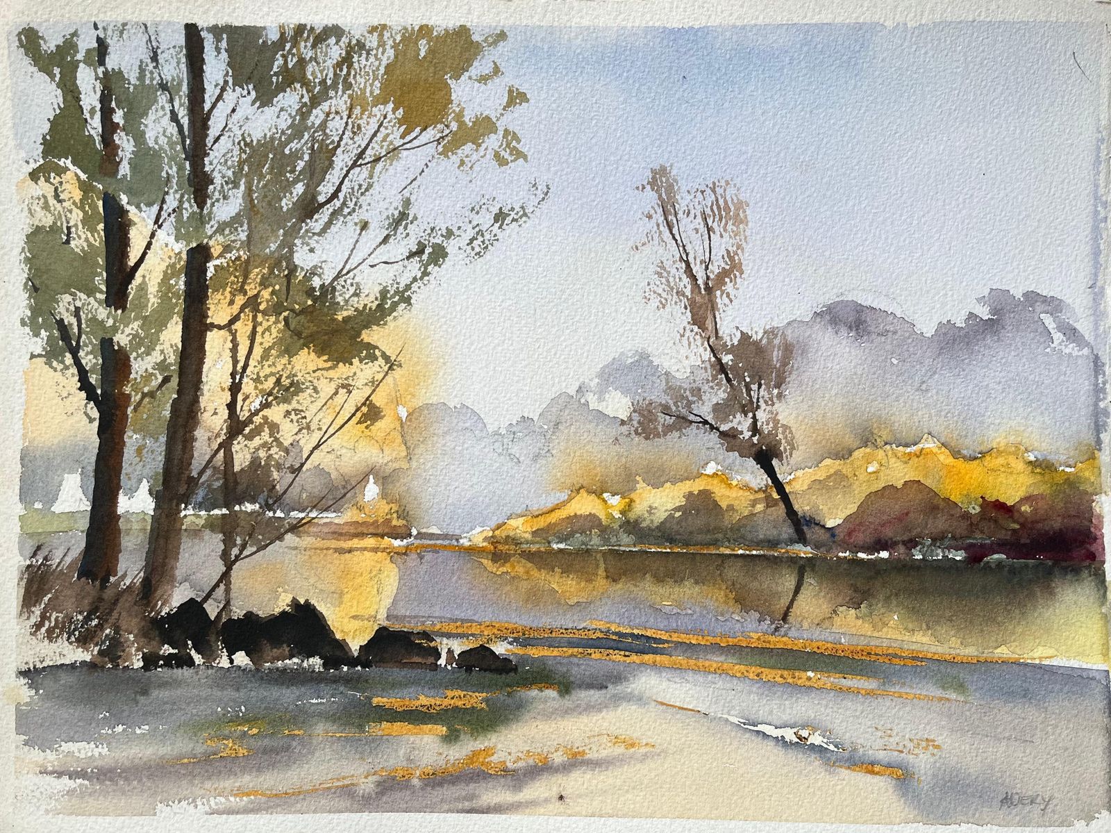 Anthony Avery British Impressionist Watercolor Of Autumn Reflections On A Serene Riverbank