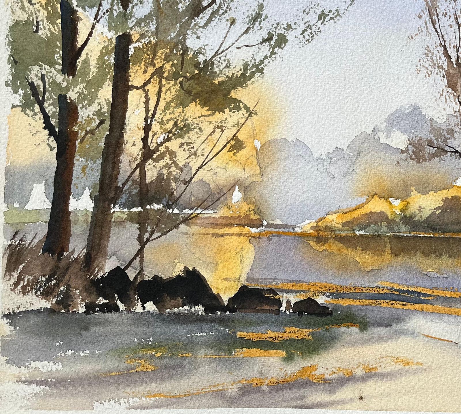 Anthony Avery British Impressionist Watercolor Of Autumn Reflections On A Serene Riverbank photo 586.0