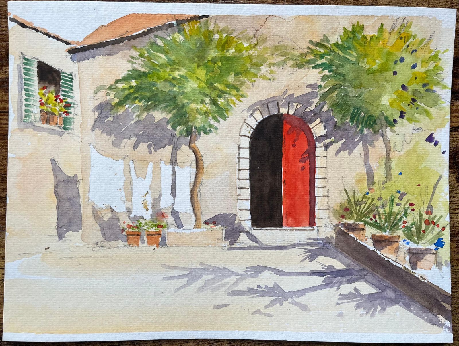 Anthony Avery British Impressionist Watercolor Of Mediterranean Courtyard Scene With Red Door photo furniture