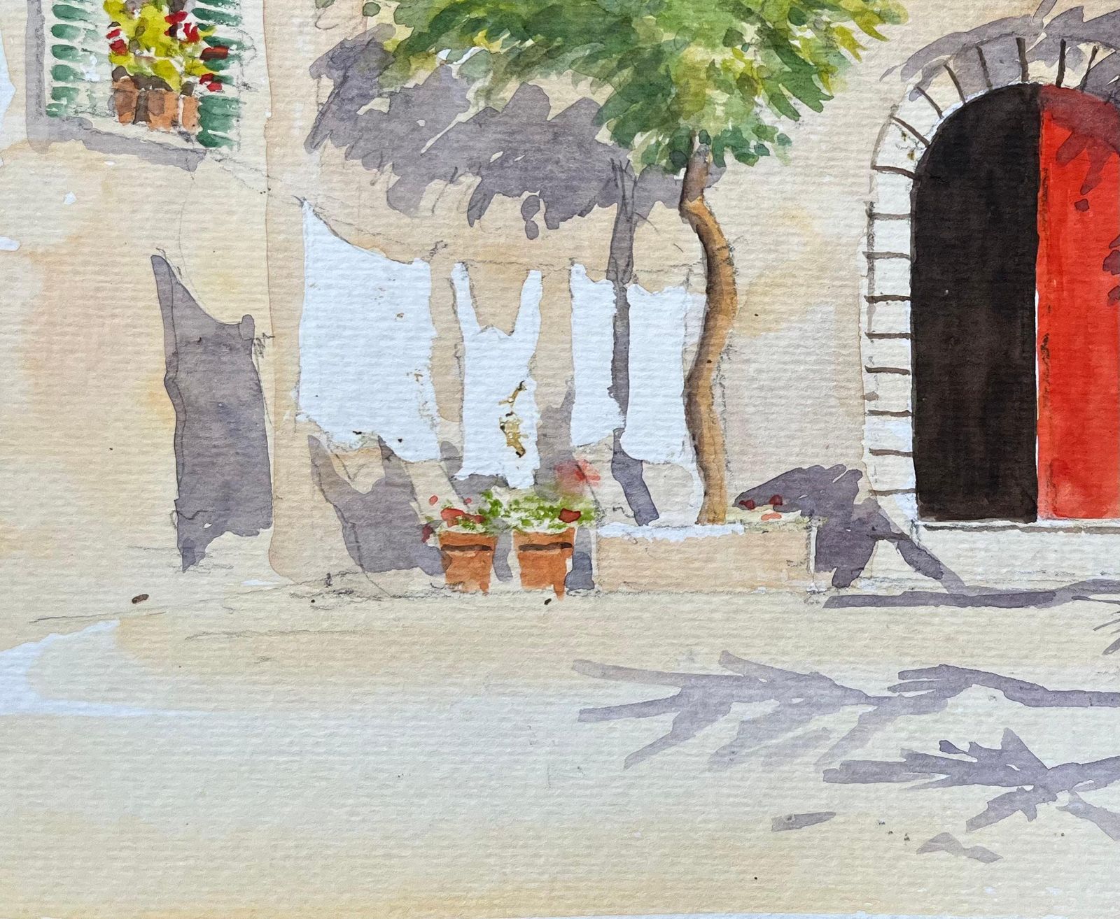 Anthony Avery British Impressionist Watercolor Of Mediterranean Courtyard Scene With Red Door photo vinterior