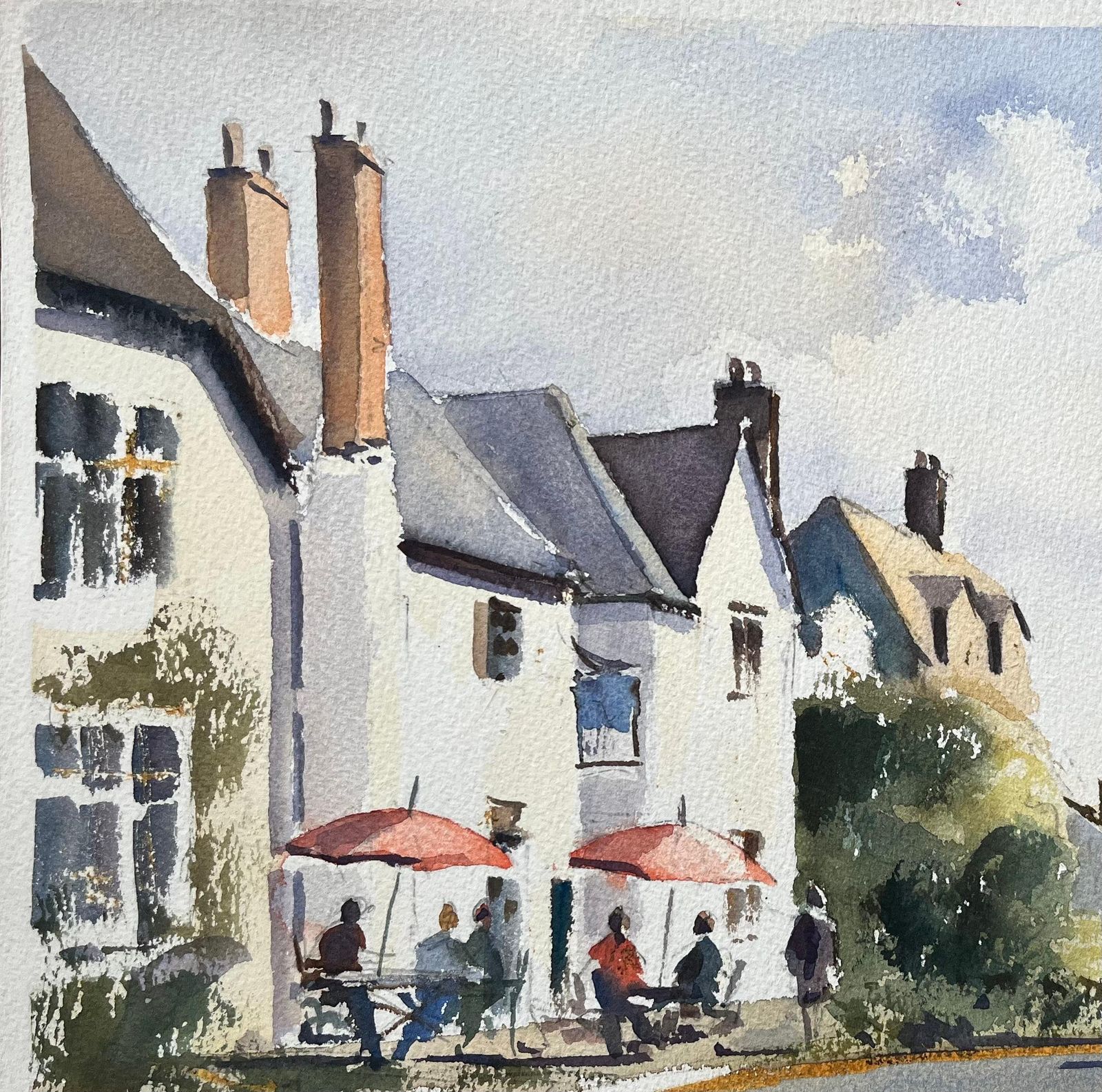 Anthony Avery British Impressionist Watercolor Of A Village Street With Outdoor Café And Horse photo vinterior