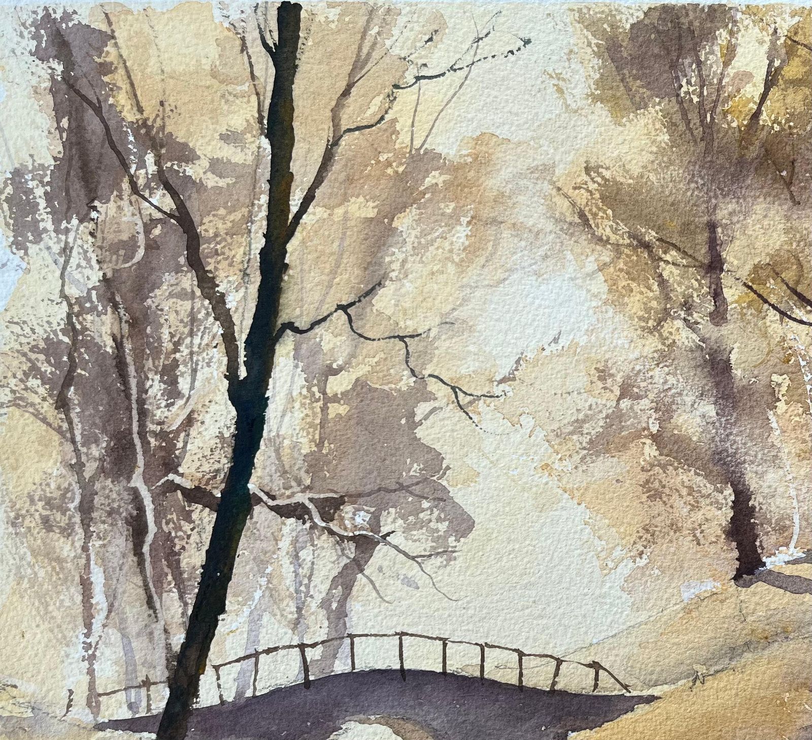 Anthony Avery British Impressionist Watercolor Of Misty Forest Scene In Sepia Tones photo Art