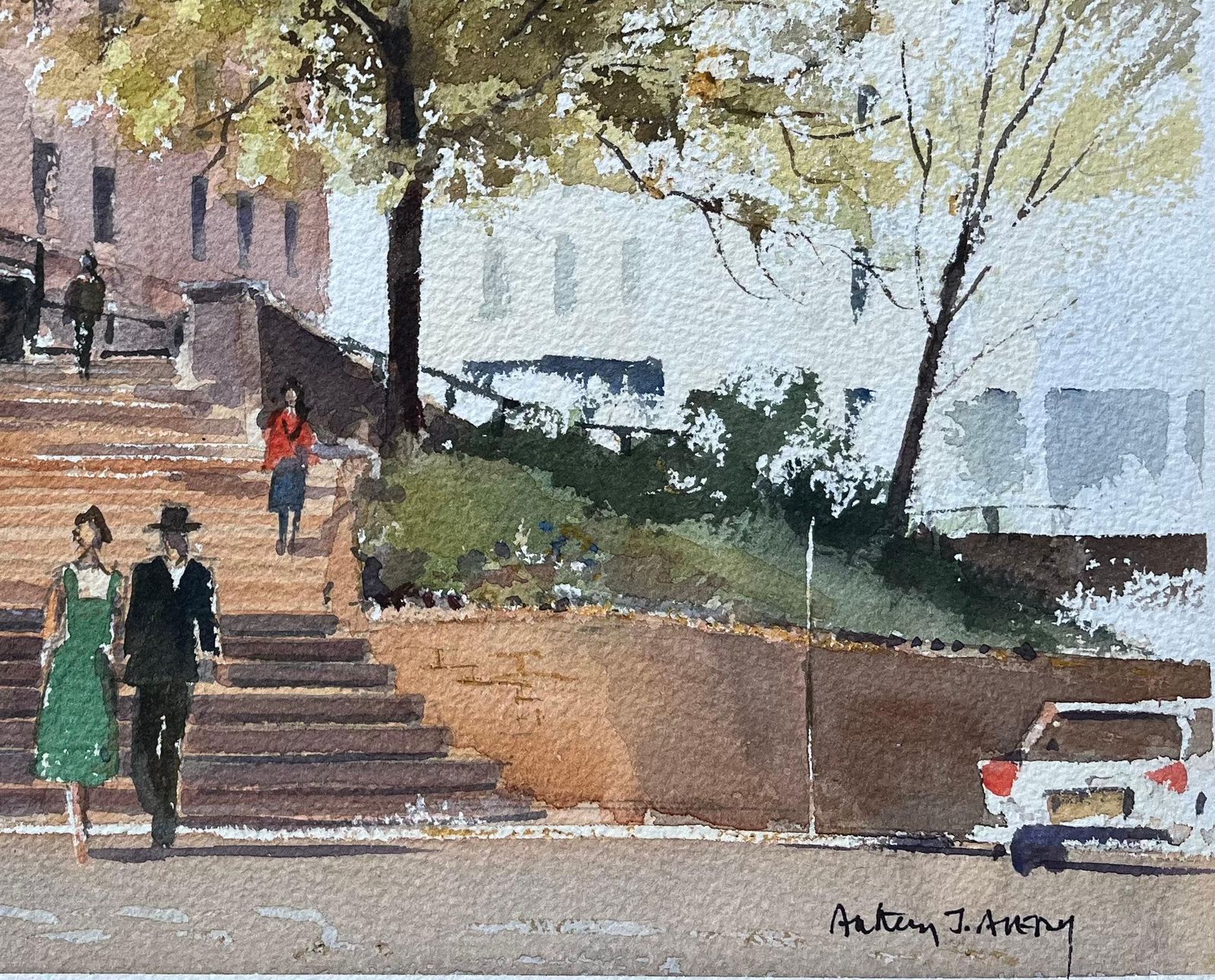 Anthony Avery British Impressionist Watercolor Of An Urban Park Scene With Figures photo Art