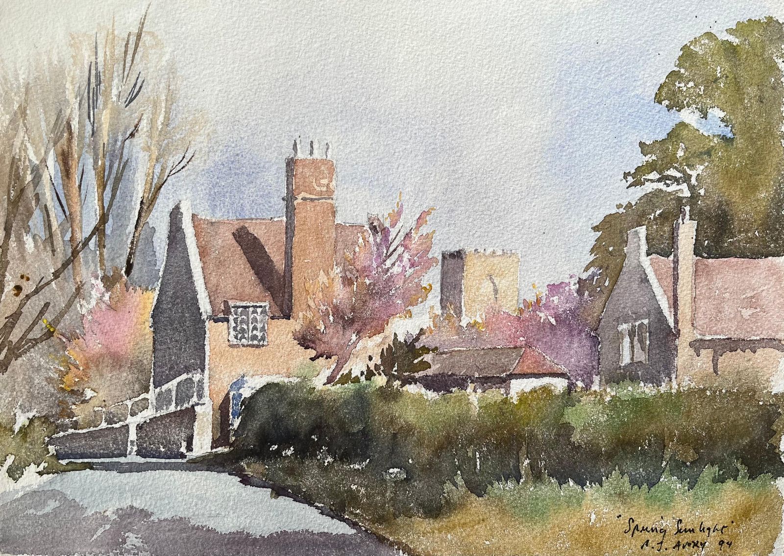 Anthony Avery British Impressionist Watercolor Of An English Village In Spring Sunlight 1994