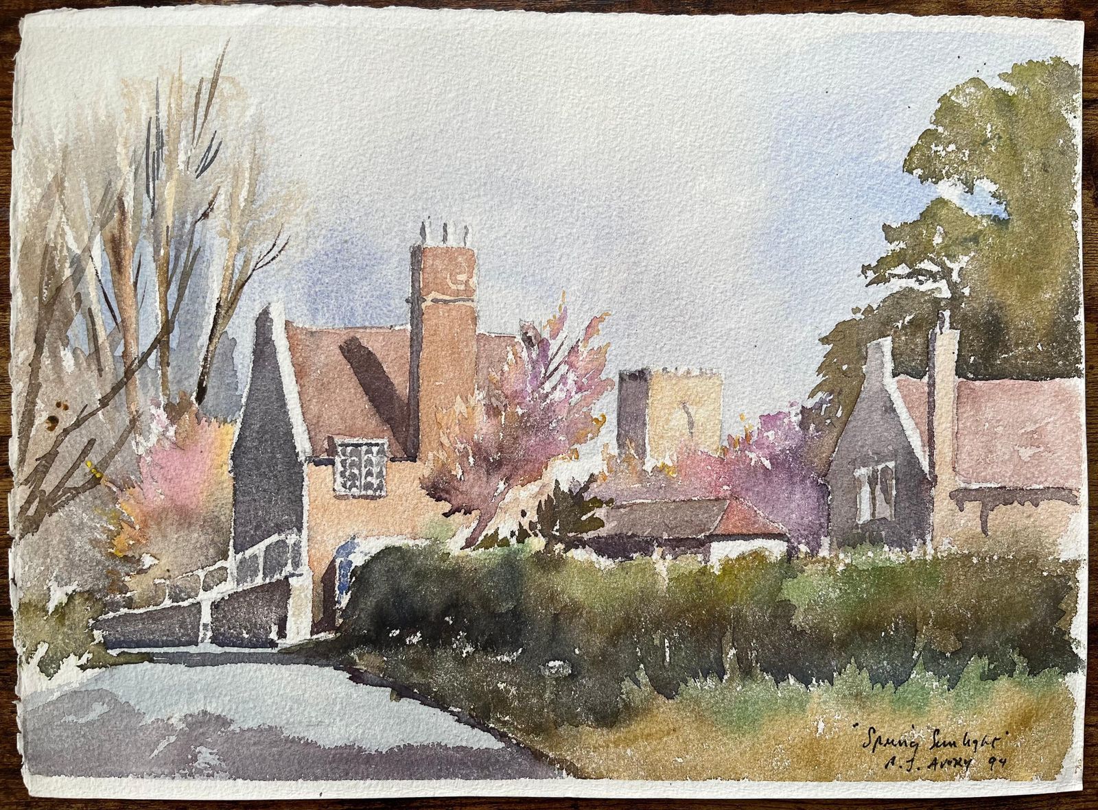 Anthony Avery British Impressionist Watercolor Of An English Village In Spring Sunlight 1994 photo 365.0