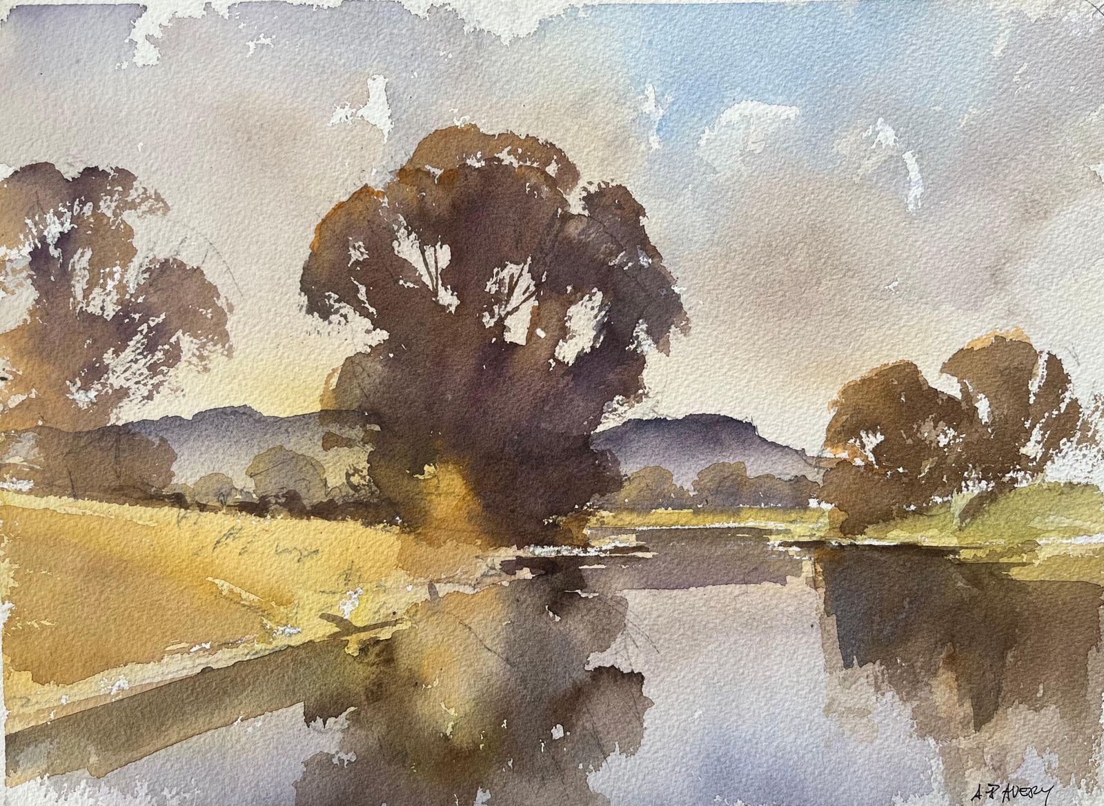 Anthony Avery British Impressionist Watercolor Of Reflected Trees By A Calm River At Dusk