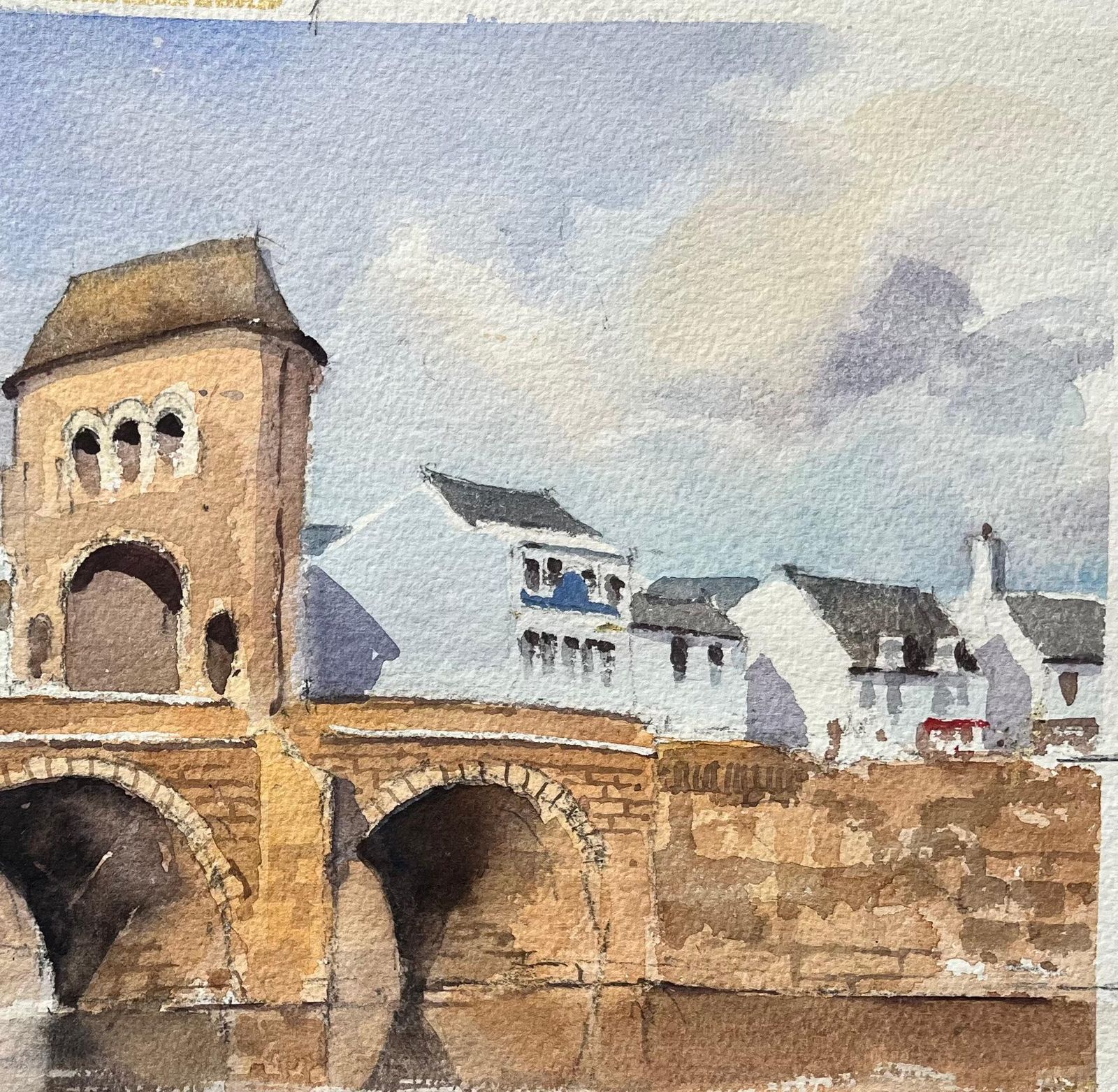 Anthony Avery British Impressionist Watercolor Of A Sunlit Stone Bridge And Riverside Village photo vinterior