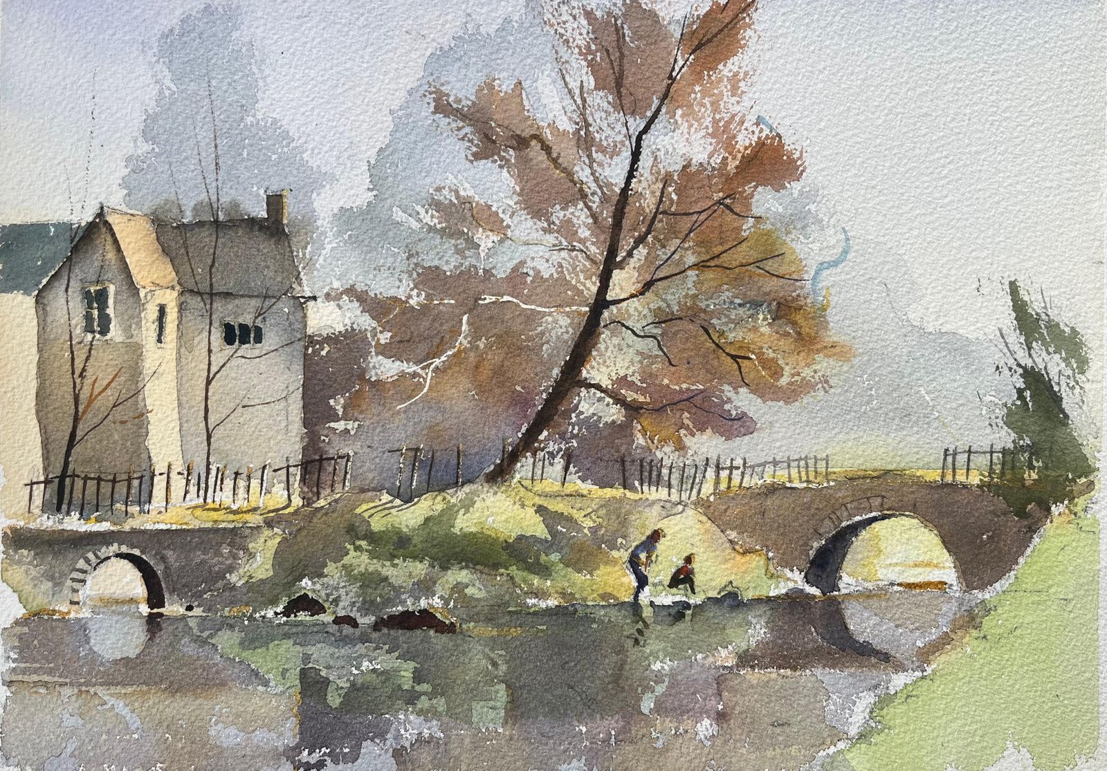 Anthony Avery British Impressionist Watercolor Of A Riverside House And Arch Bridge In Autumn