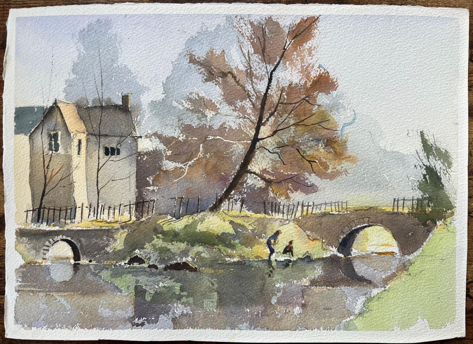 Anthony Avery British Impressionist Watercolor Of A Riverside House And Arch Bridge In Autumn photo furniture