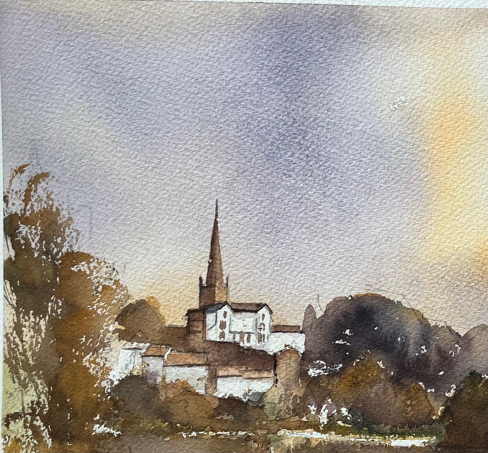 Anthony Avery British Impressionist Watercolor Of A Riverside Village And Church At Twilight photo Art