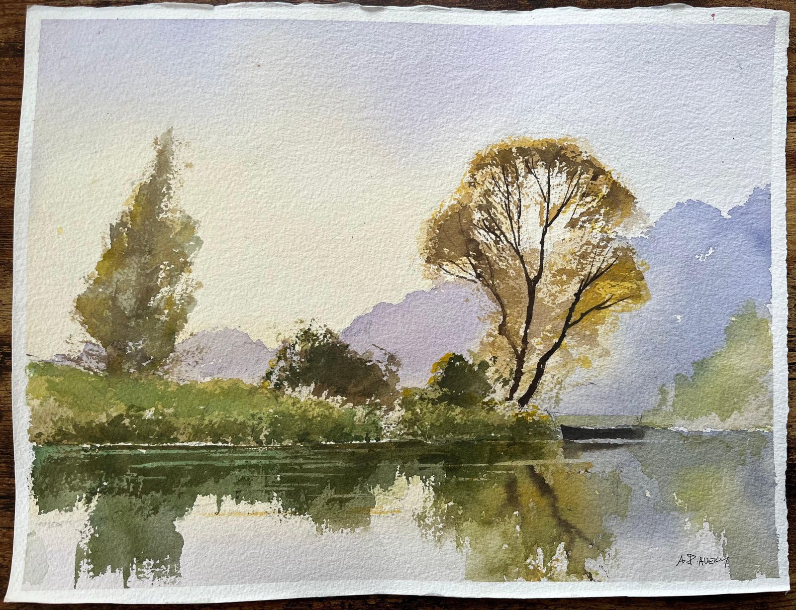 Anthony Avery British Impressionist Watercolor Of Autumn Reflections By The Riverside photo for sale