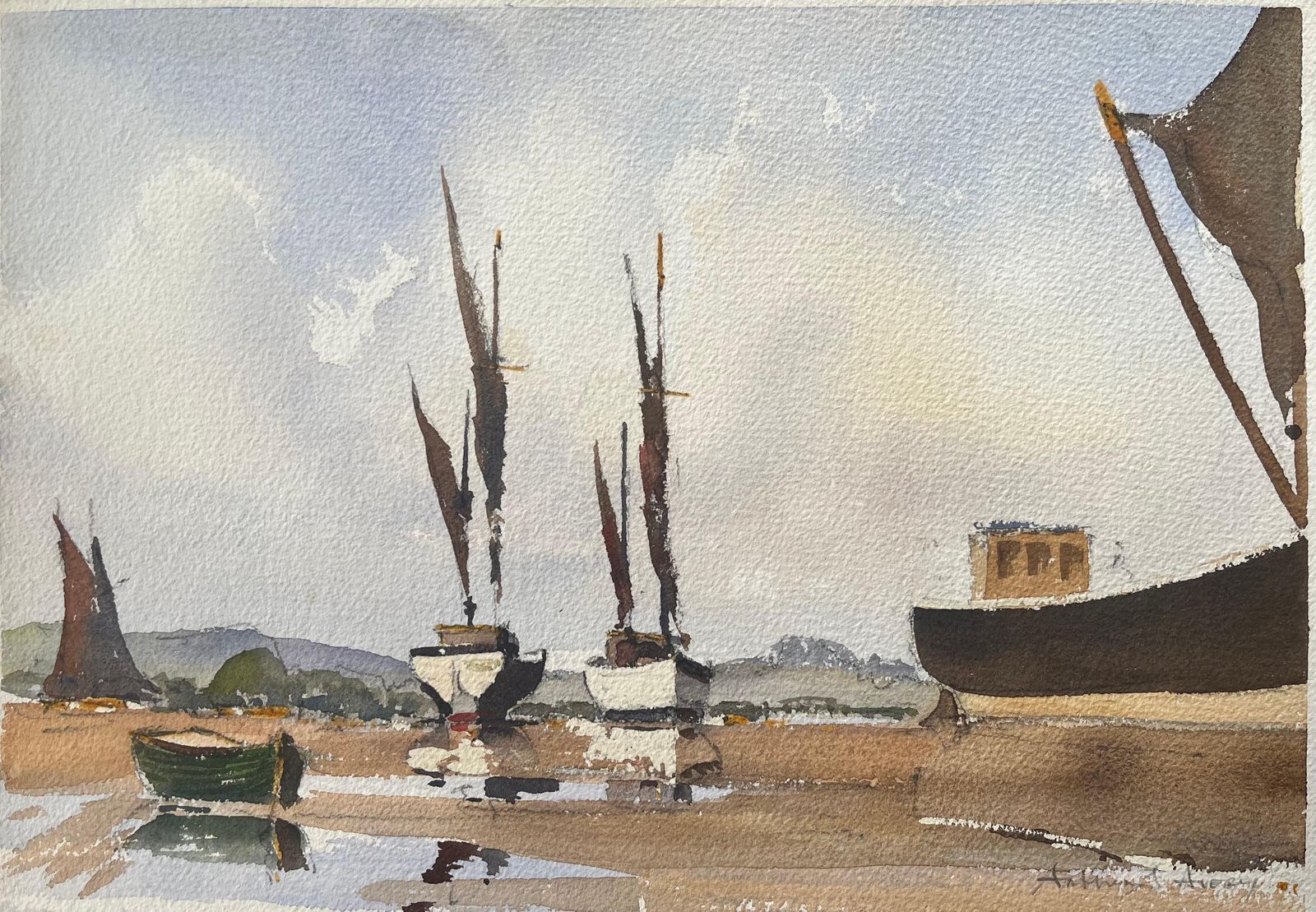 Anthony Avery British Impressionist Watercolor Of Sailboats At Low Tide